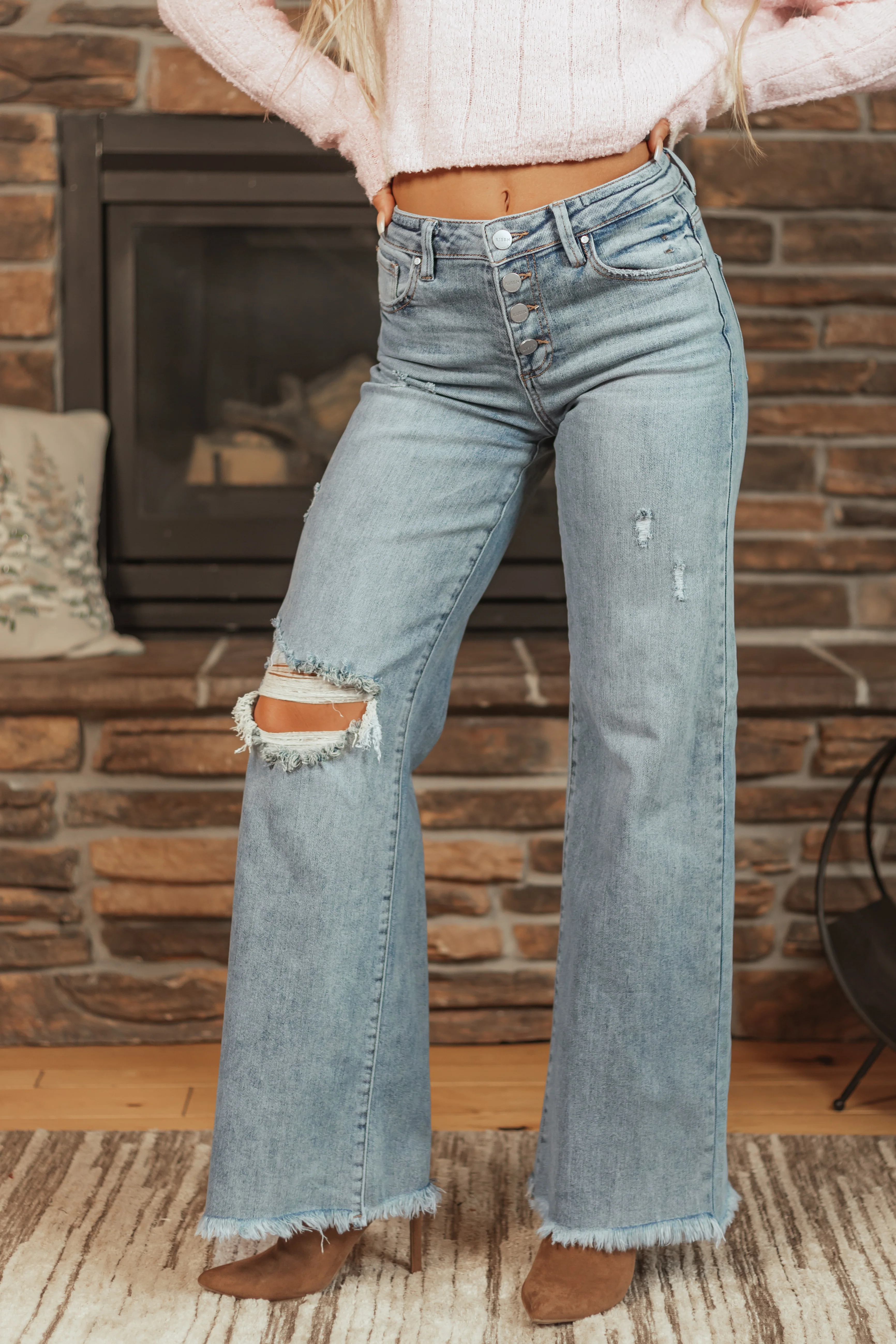 Risen Medium Wash Button Fly Wide Leg Jeans - LD SALE