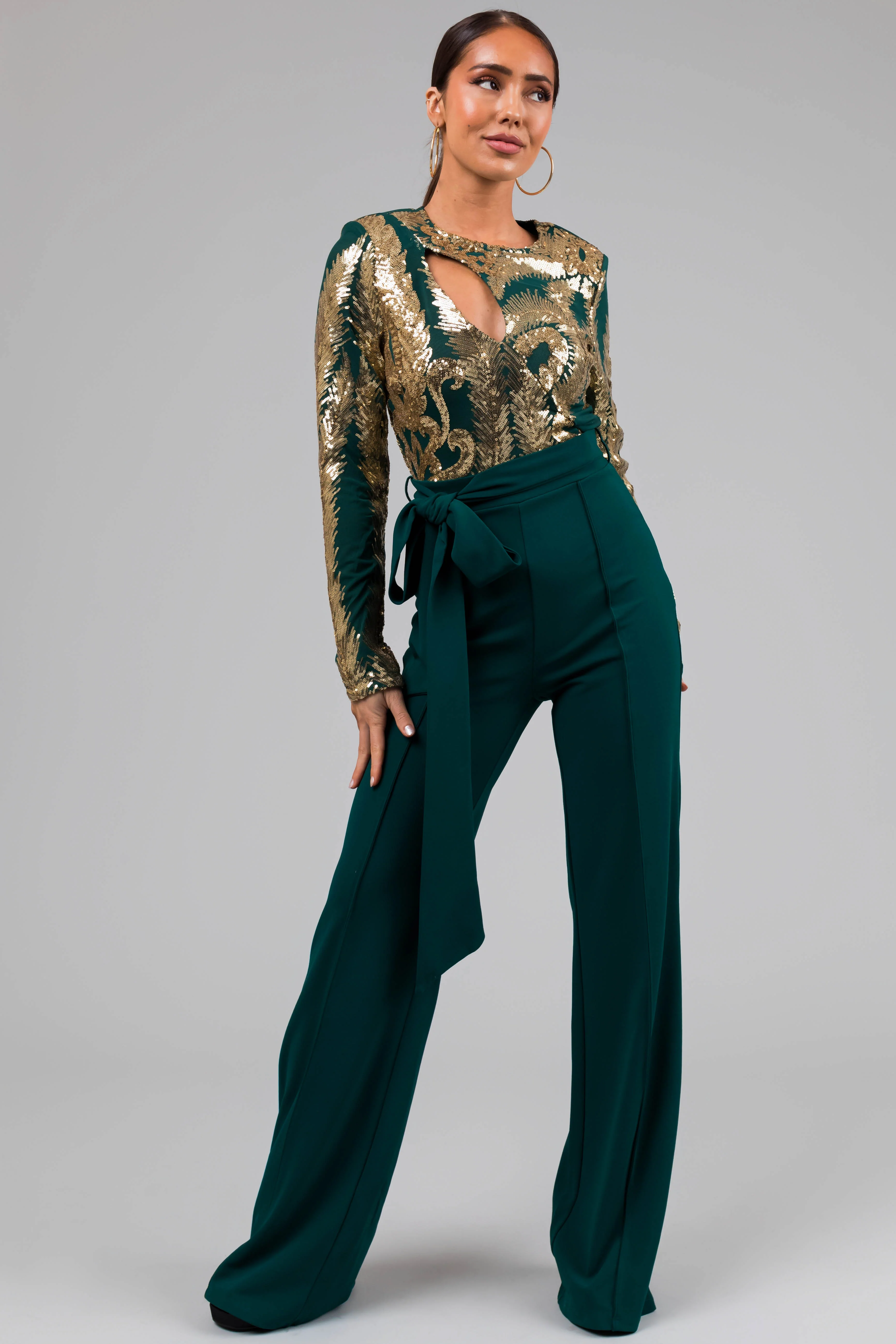 Hunter Green and Gold Sequin Print Jumpsuit - LD SALE