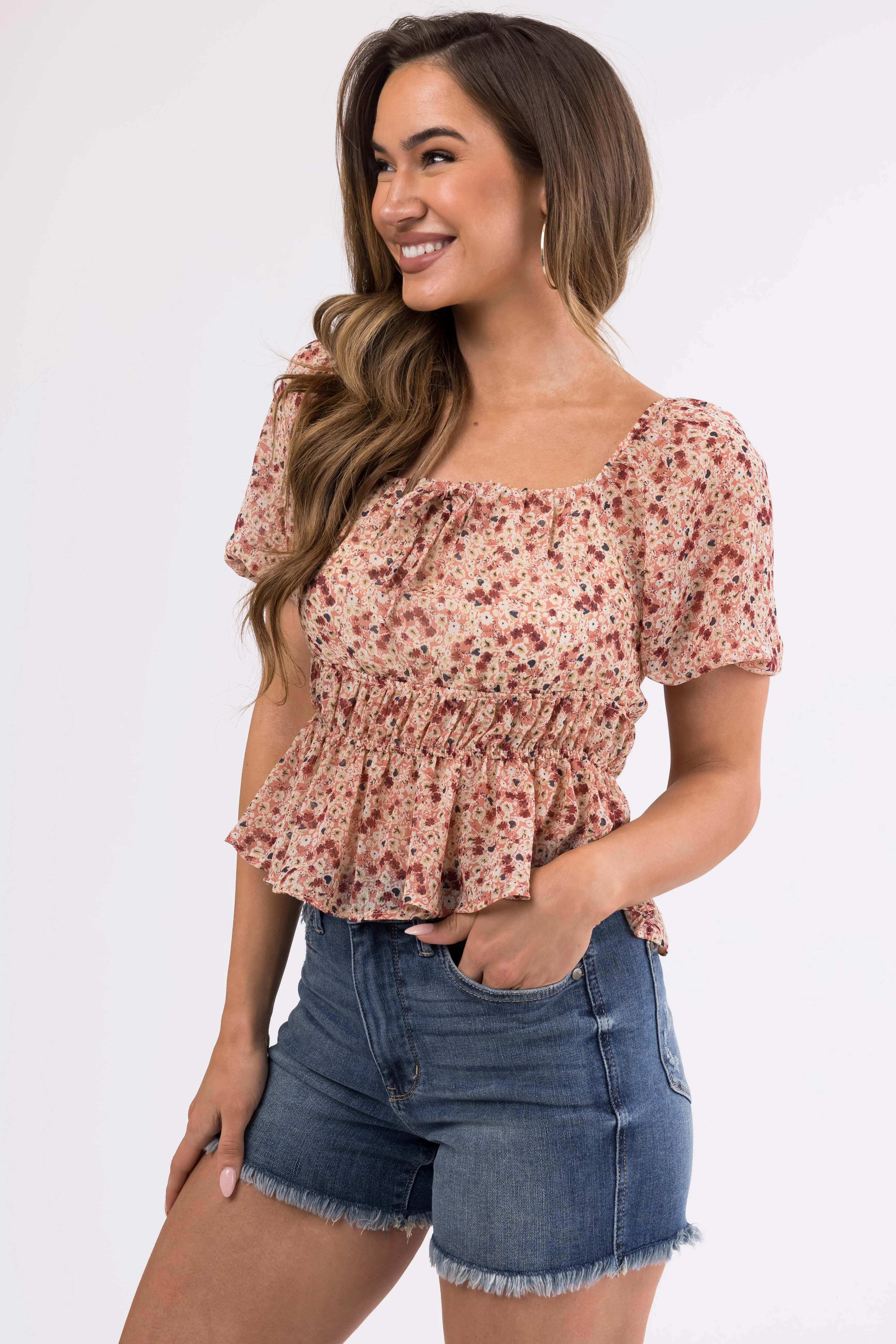 Hazy Coral Ditsy Floral Puff Sleeve Peplum Top - LD SALE