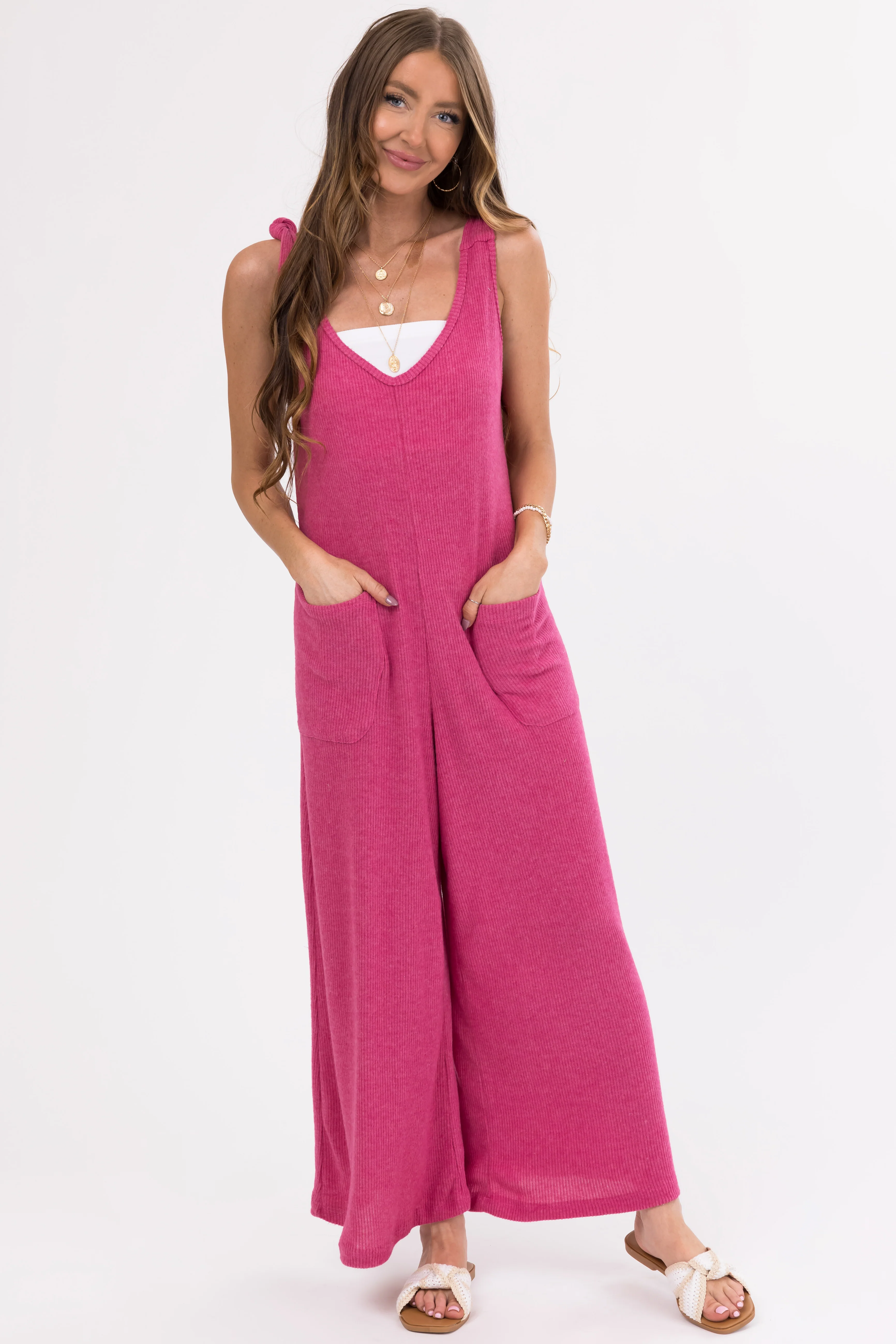 Hibiscus Knot Strap Wide Leg Ribbed Jumpsuit - LD SALE