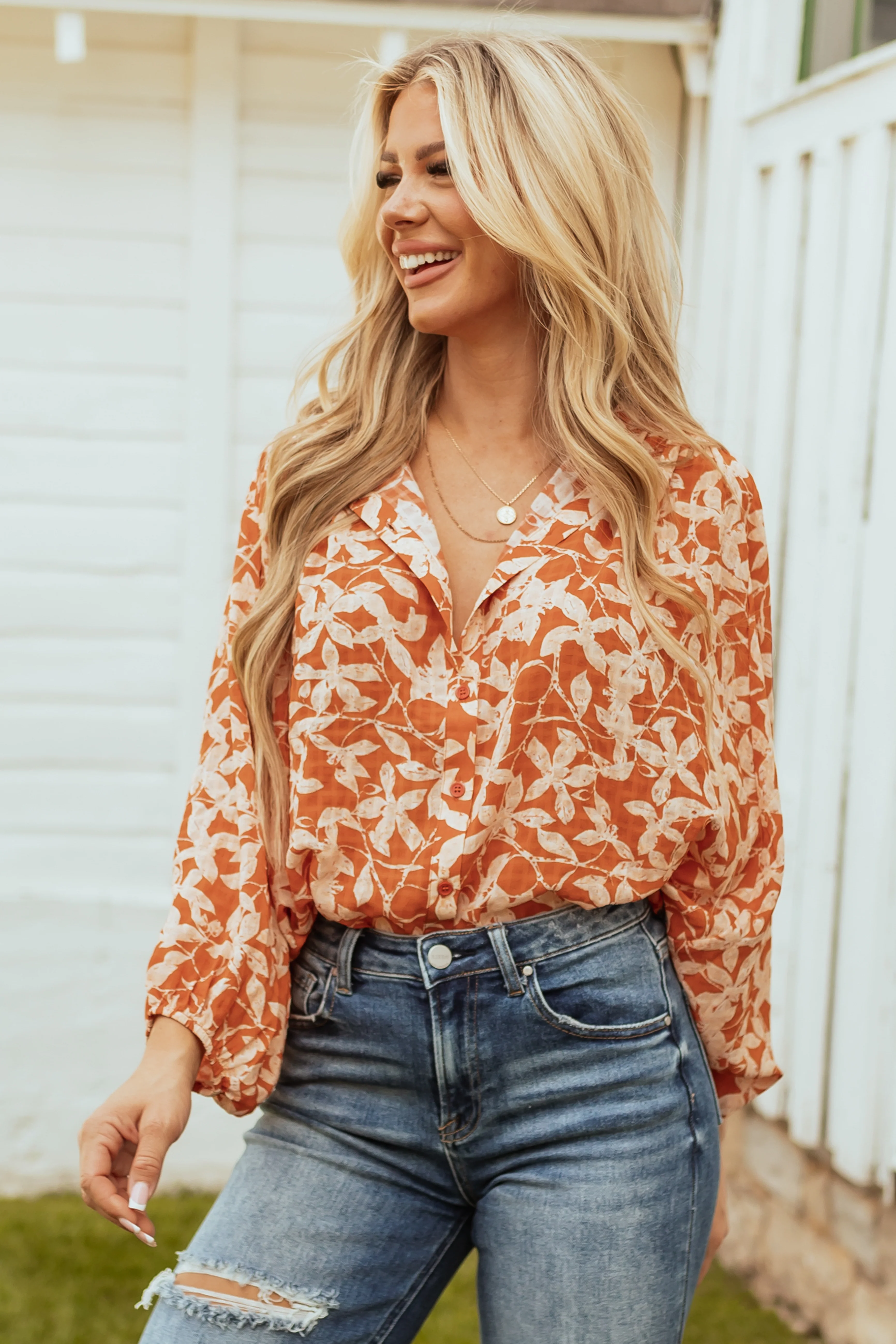Sedona and Apricot Floral Print Buttoned Top - LD SALE