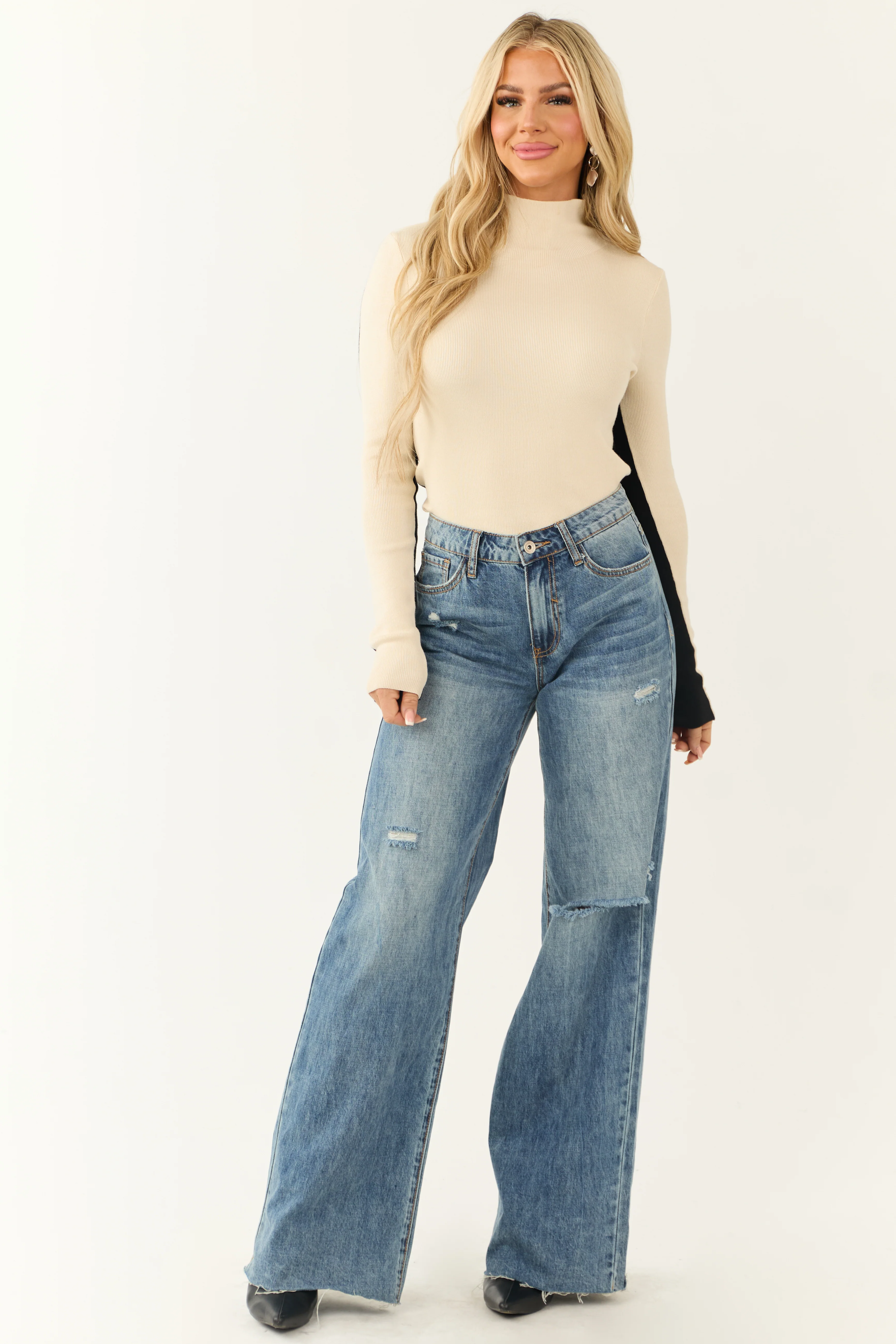 Cream Mock Neck Colorblock Long Sleeve Sweater Top - LD SALE