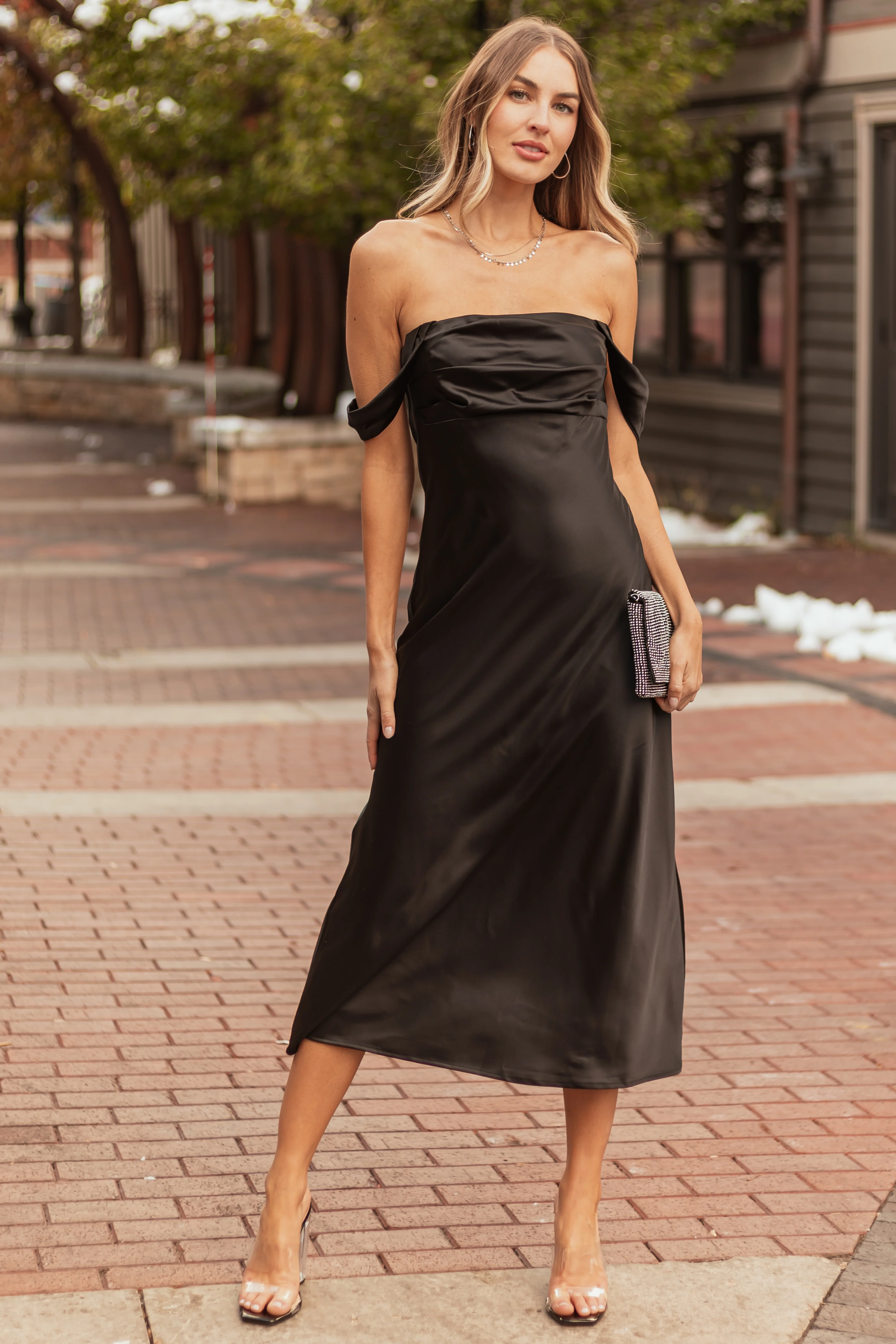 Black Off the Shoulder Satin Ruched Midi Dress - LD SALE