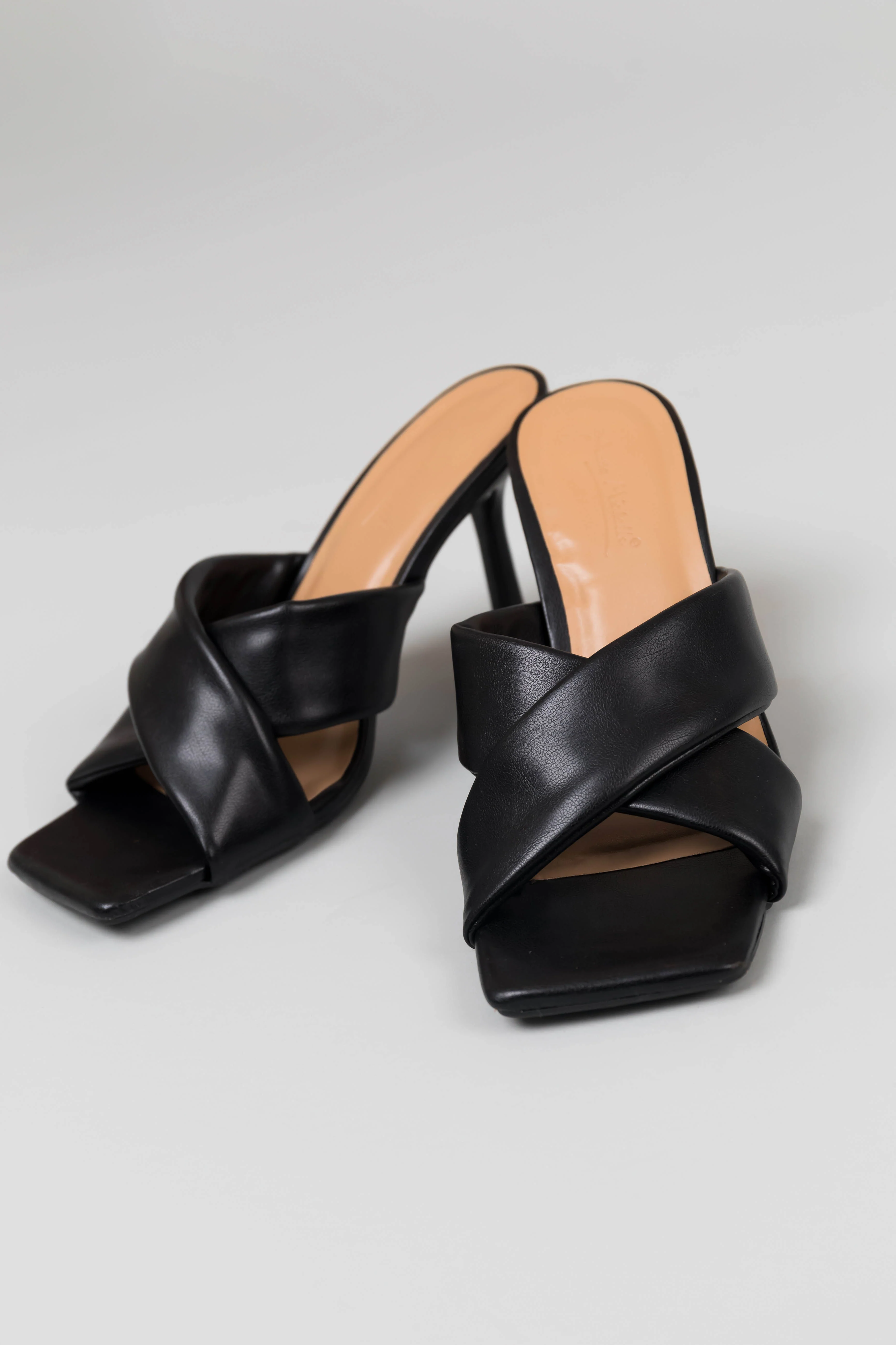 Black Square Toe Cross Strap Heels - LD SALE