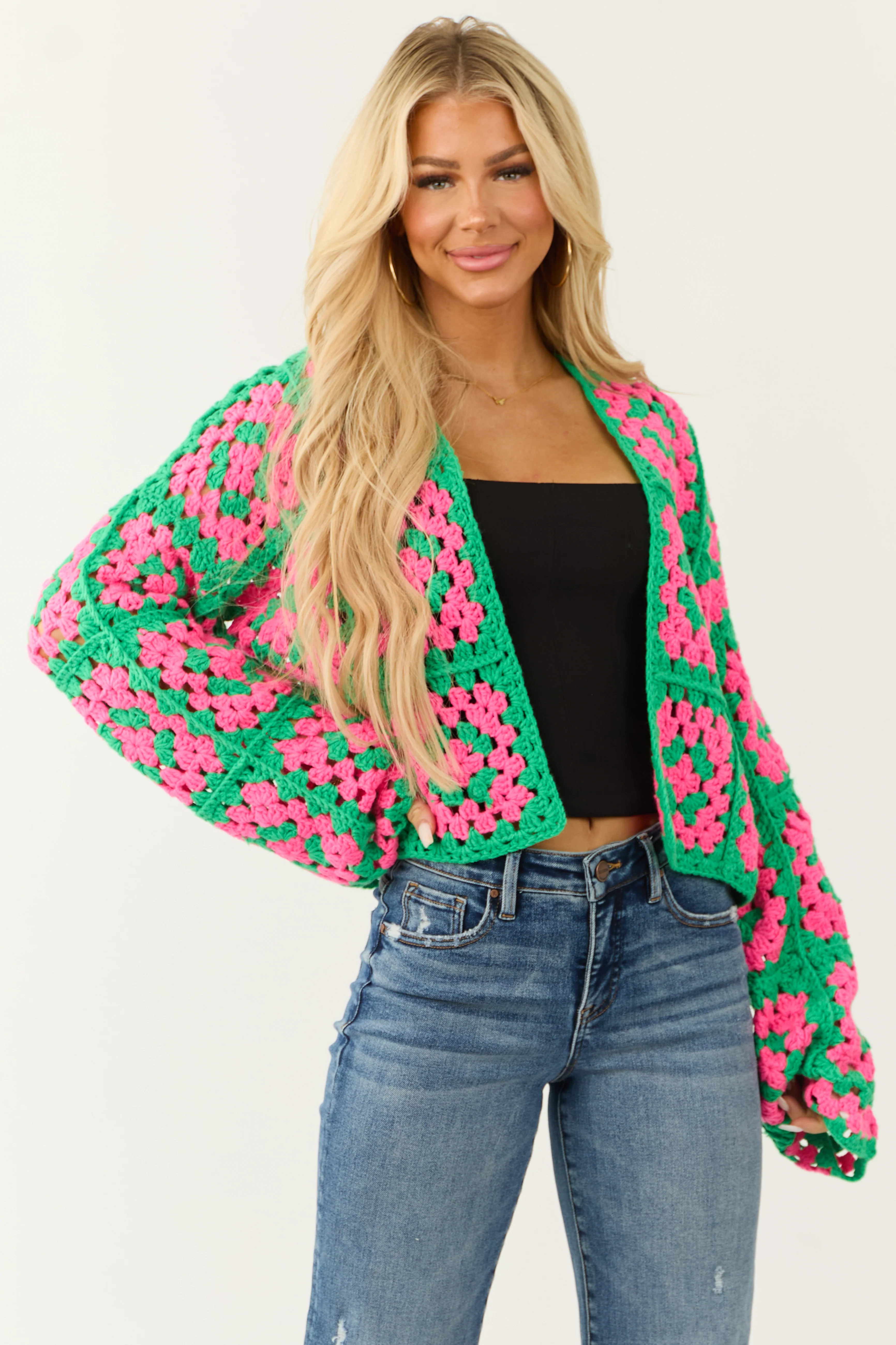 Jade Granny Square Crochet Open Cardigan - LD SALE
