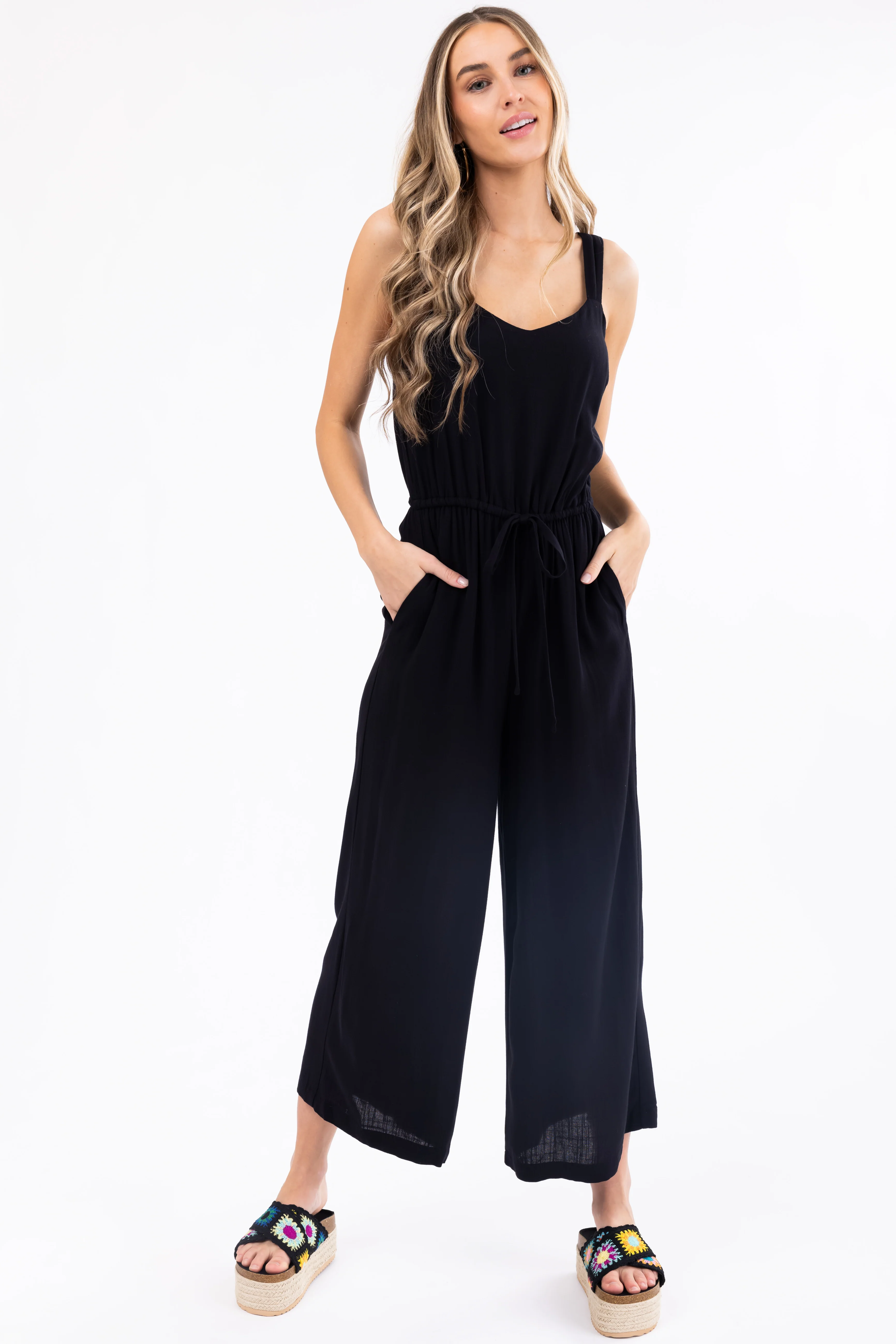 Black Sleeveless Waist Tie Wide Leg Jumpsuit - LD SALE