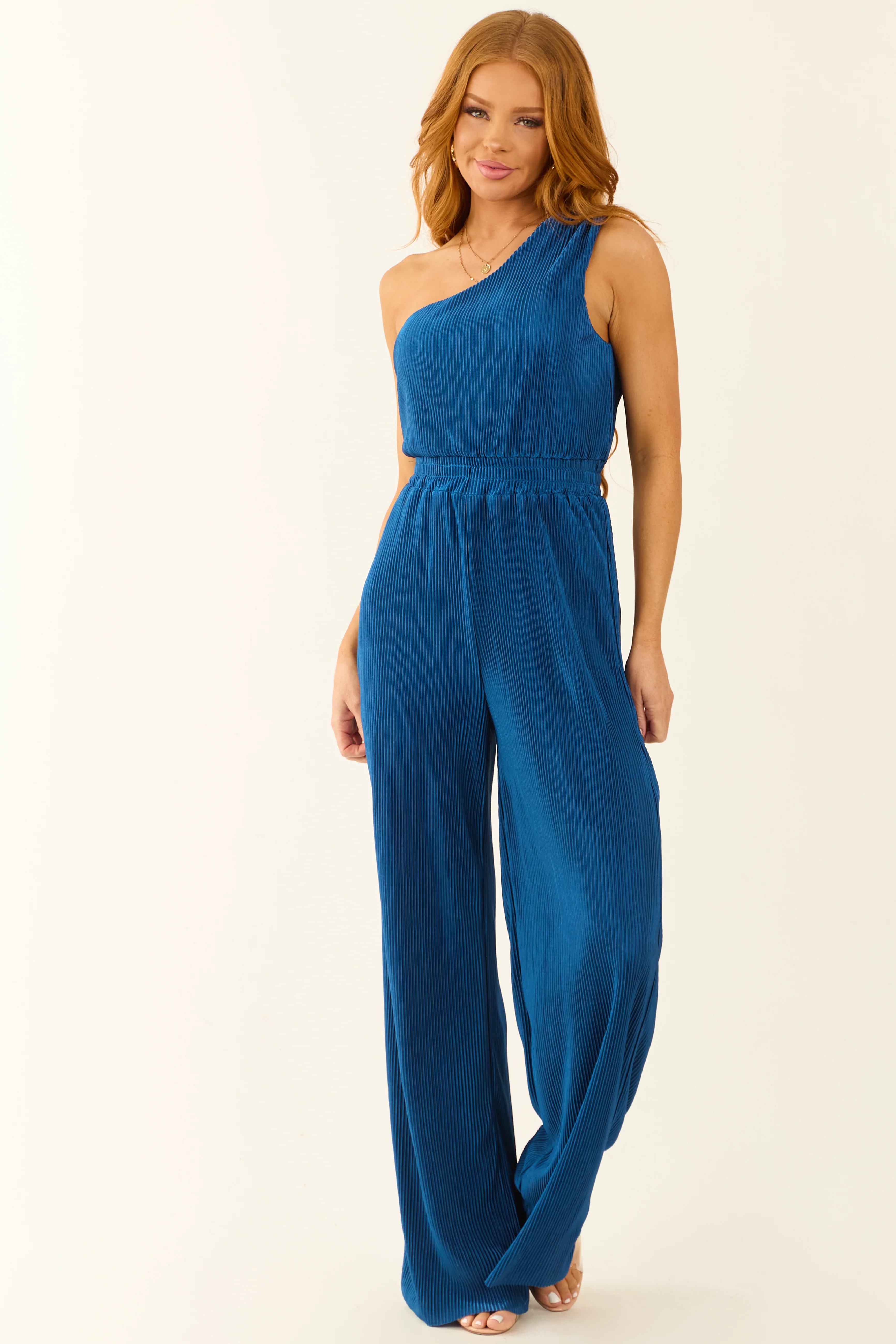 Vera Sapphire Pleated One Shoulder Smocked Waist Jumpsuit - LD SALE