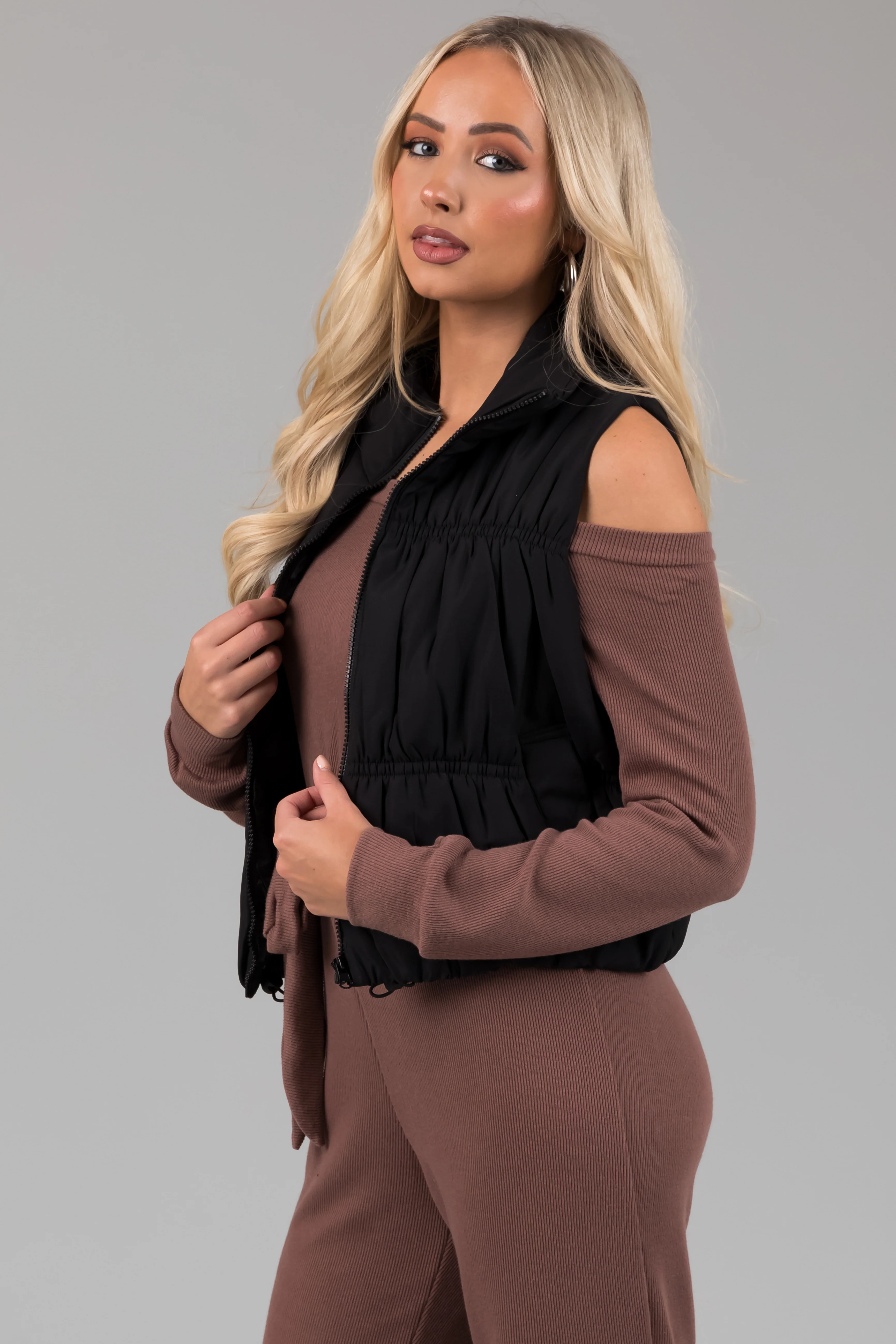 Black Zip Up Cinch Detail Puffer Vest - LD SALE