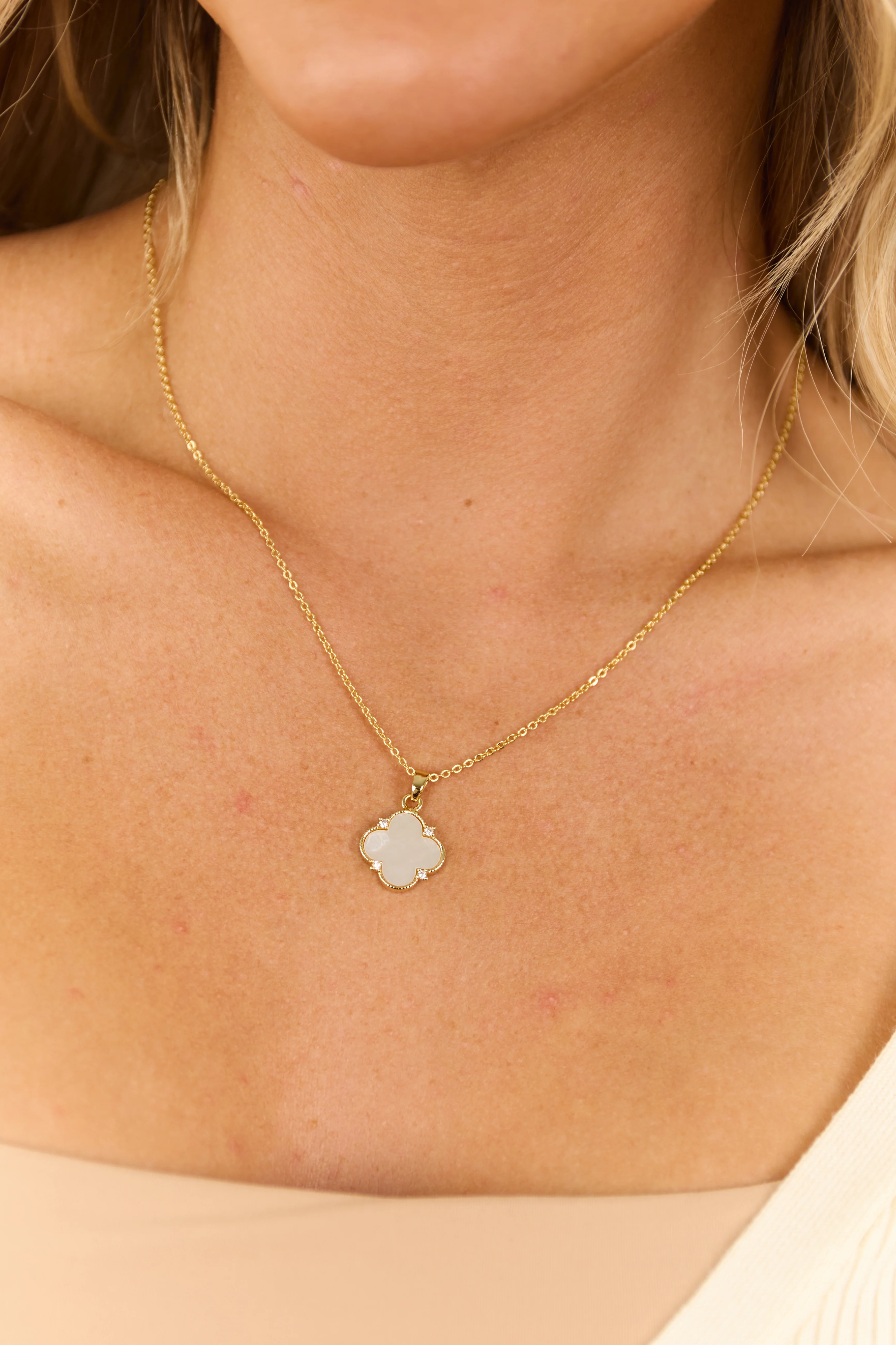 Gold Dipped Rhinestone Pendant Clover Necklace - LD SALE