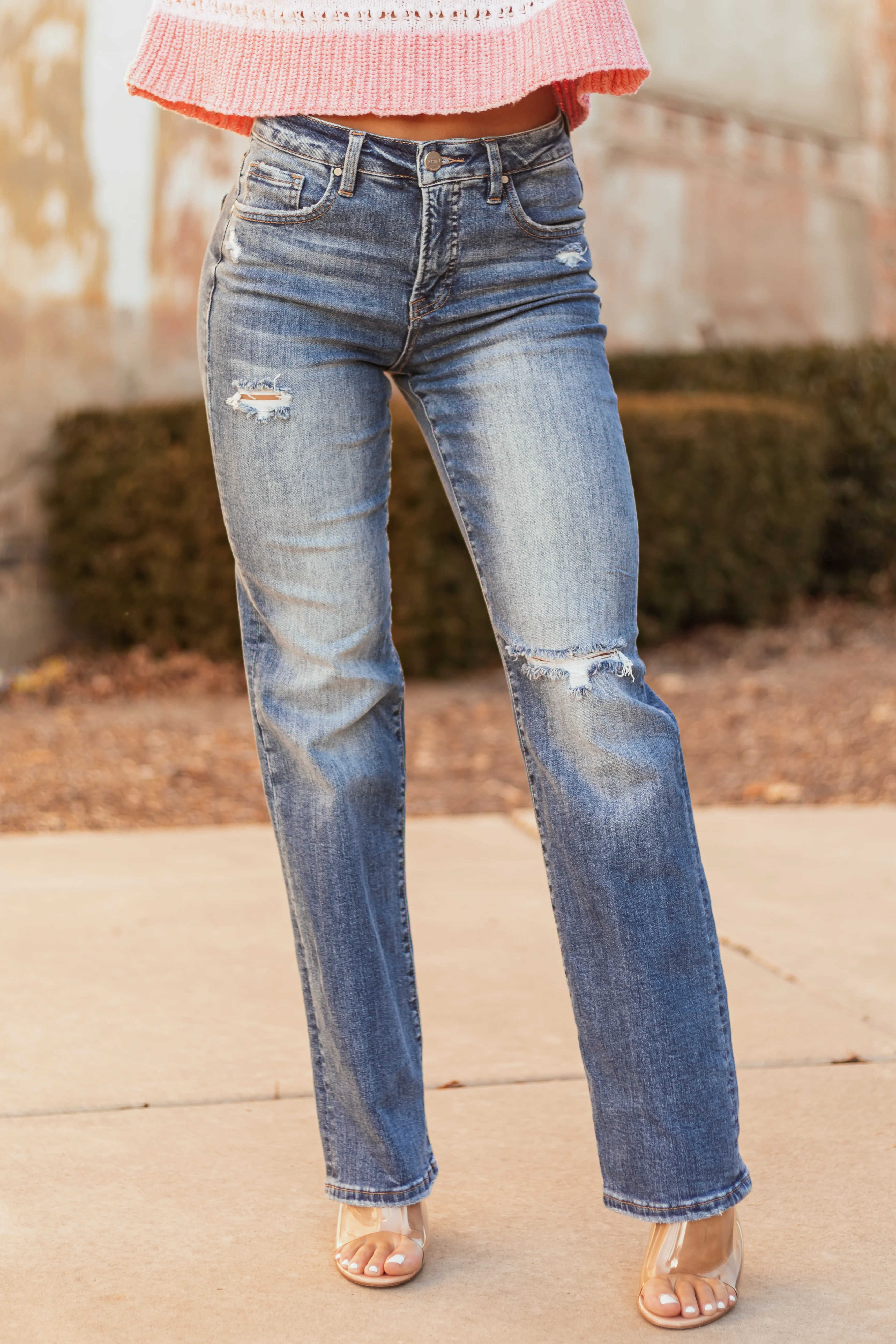 Risen Medium Wash Tummy Control Straight Jeans - LD SALE