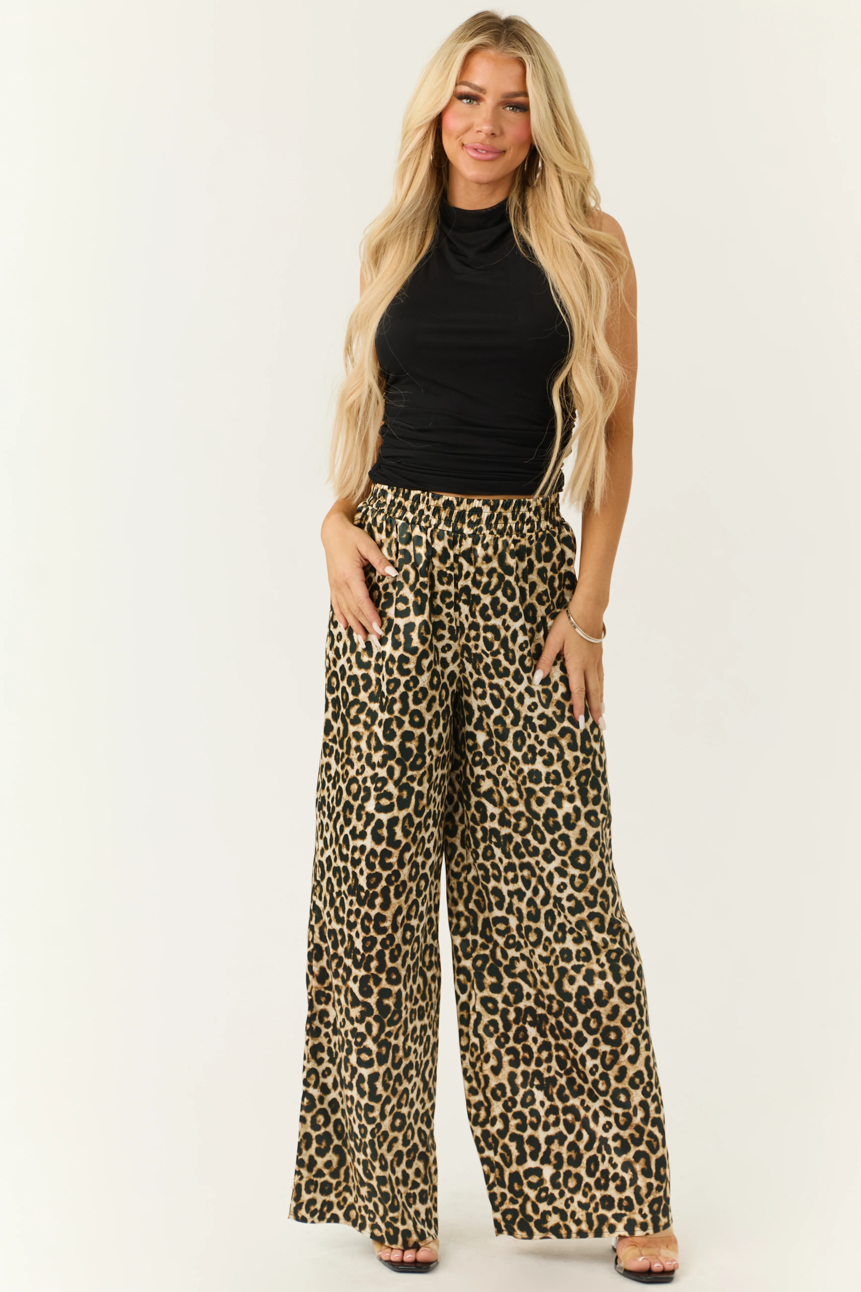 Camel Satin Leopard Print Wide Leg Pants - LD SALE