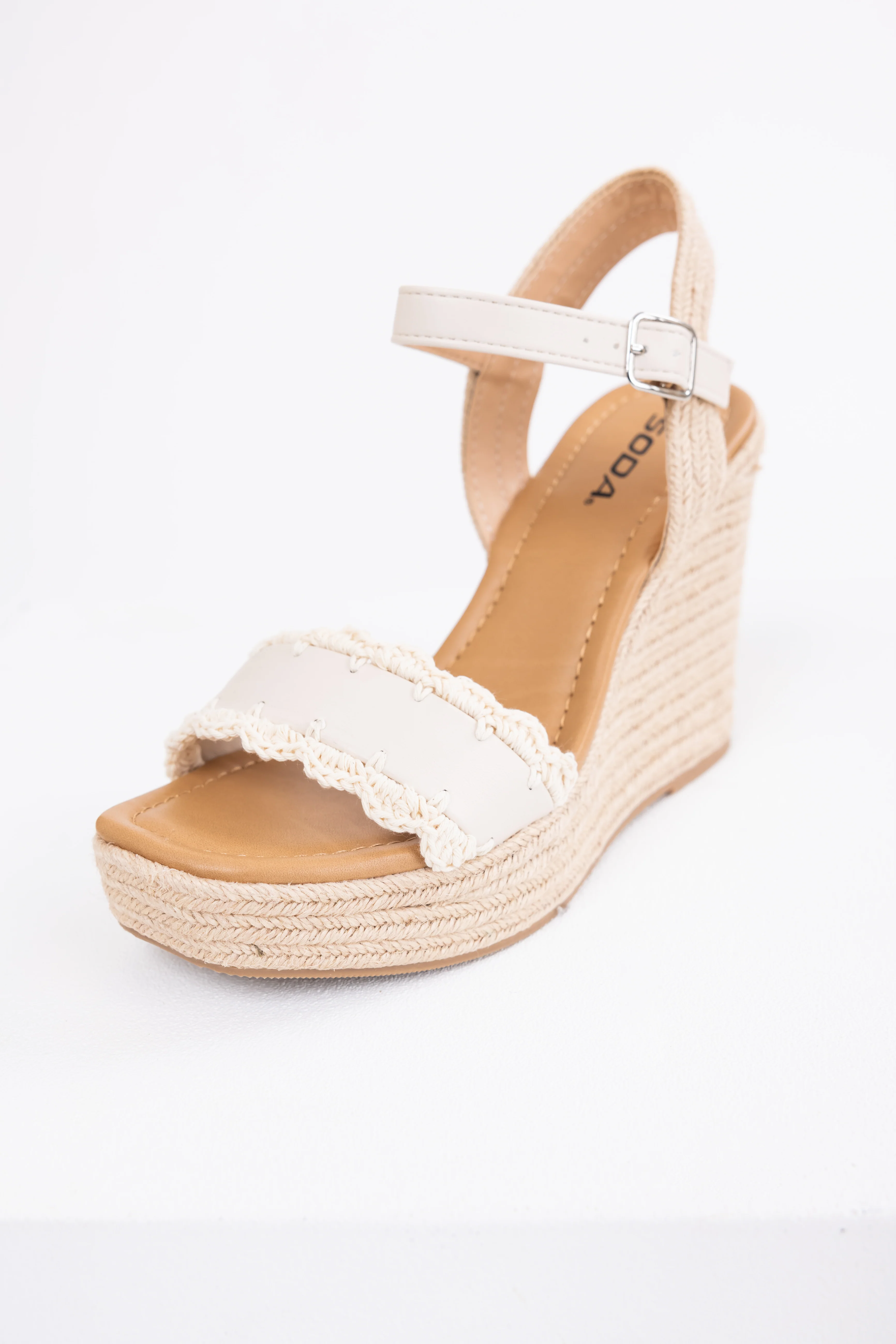 Ivory Crochet Trim Strap Espadrille Wedges - LD SALE