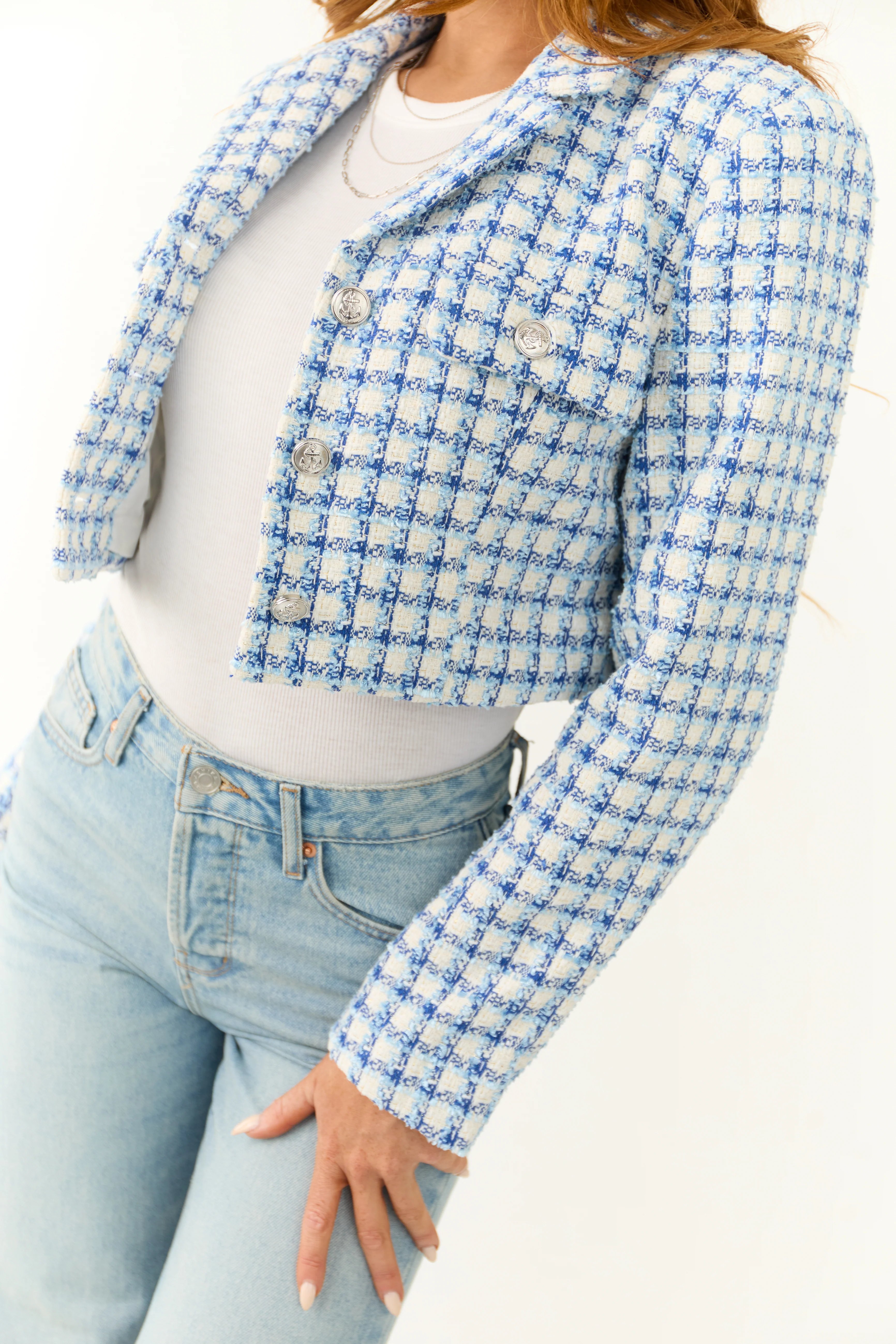 Sky Blue Tweed Plaid Button Down Cropped Jacket - LD SALE
