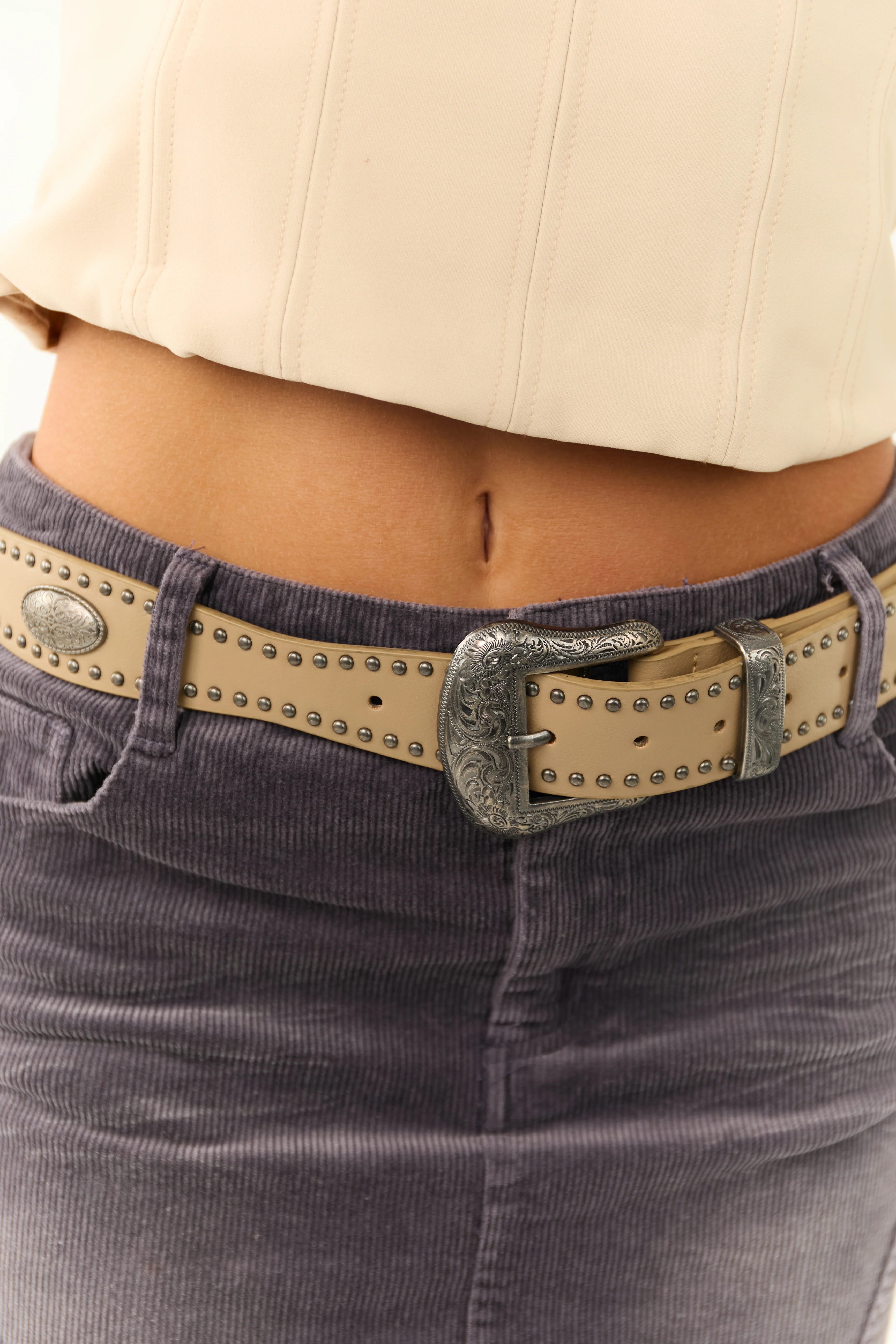 Latte Faux Leather Studded Trim Etched Buckle Belt - LD SALE