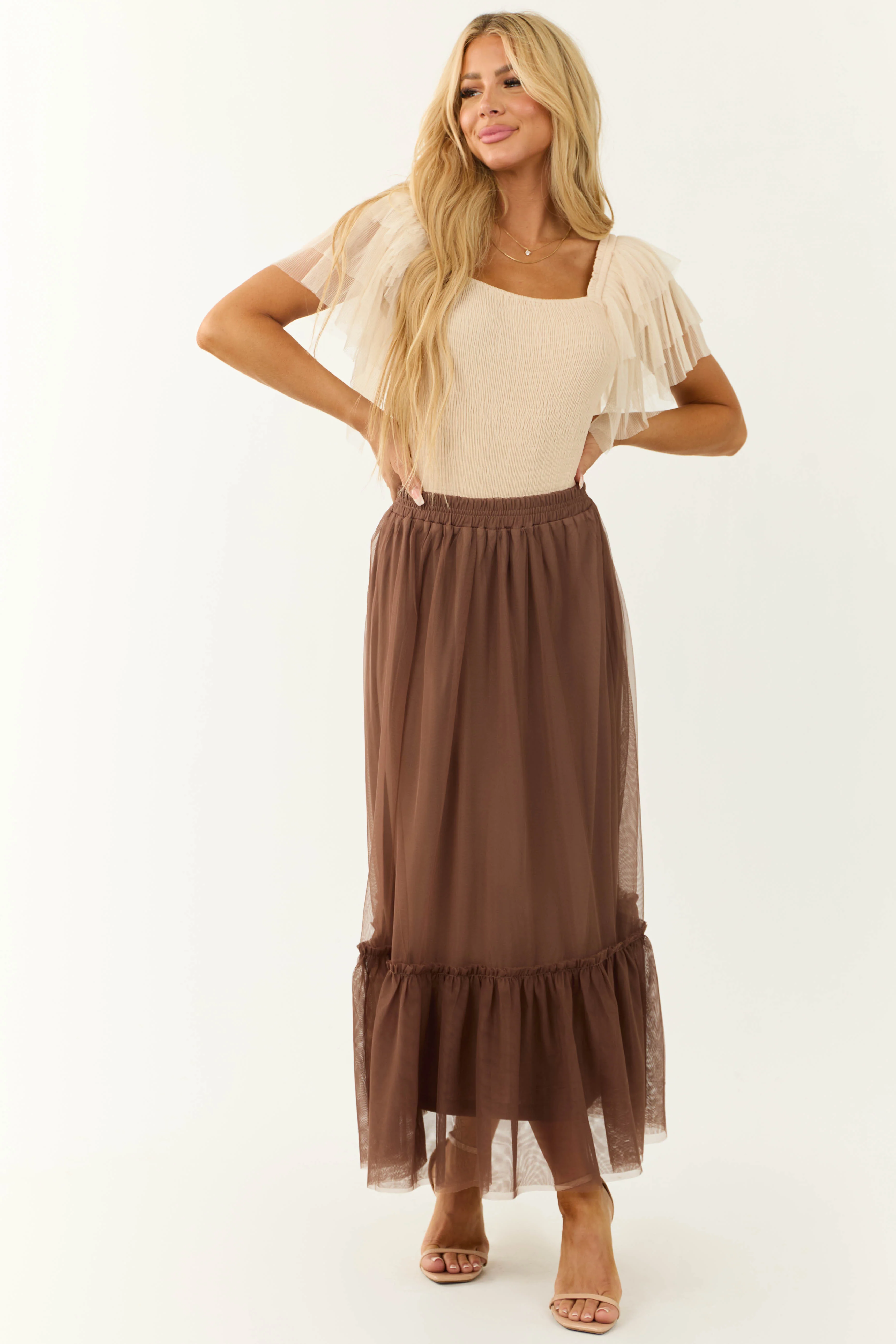 Coffee Tulle Ruffle Hem Maxi Skirt - LD SALE