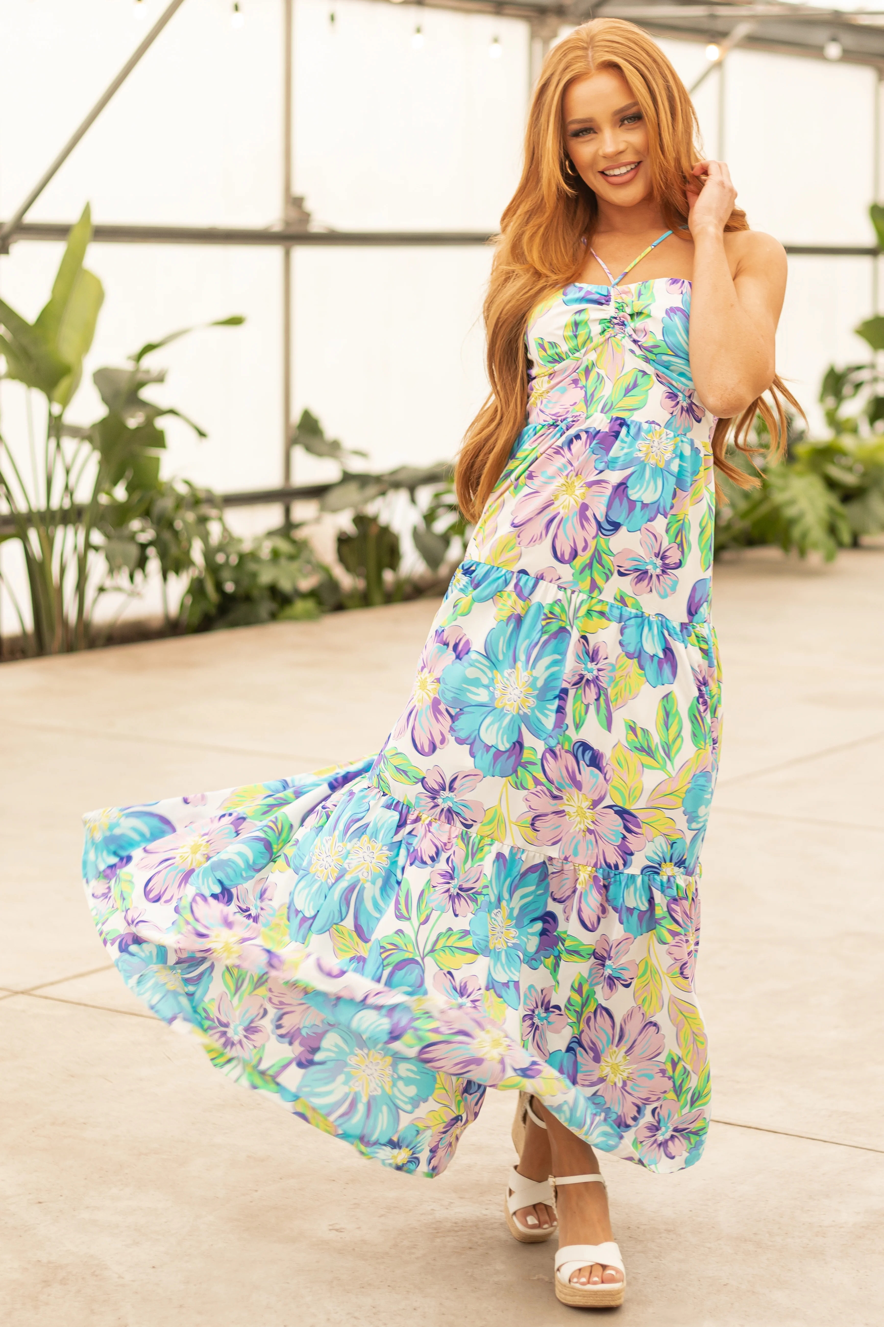 Baby Blue Floral Print Halter Neck Maxi Dress - LD SALE