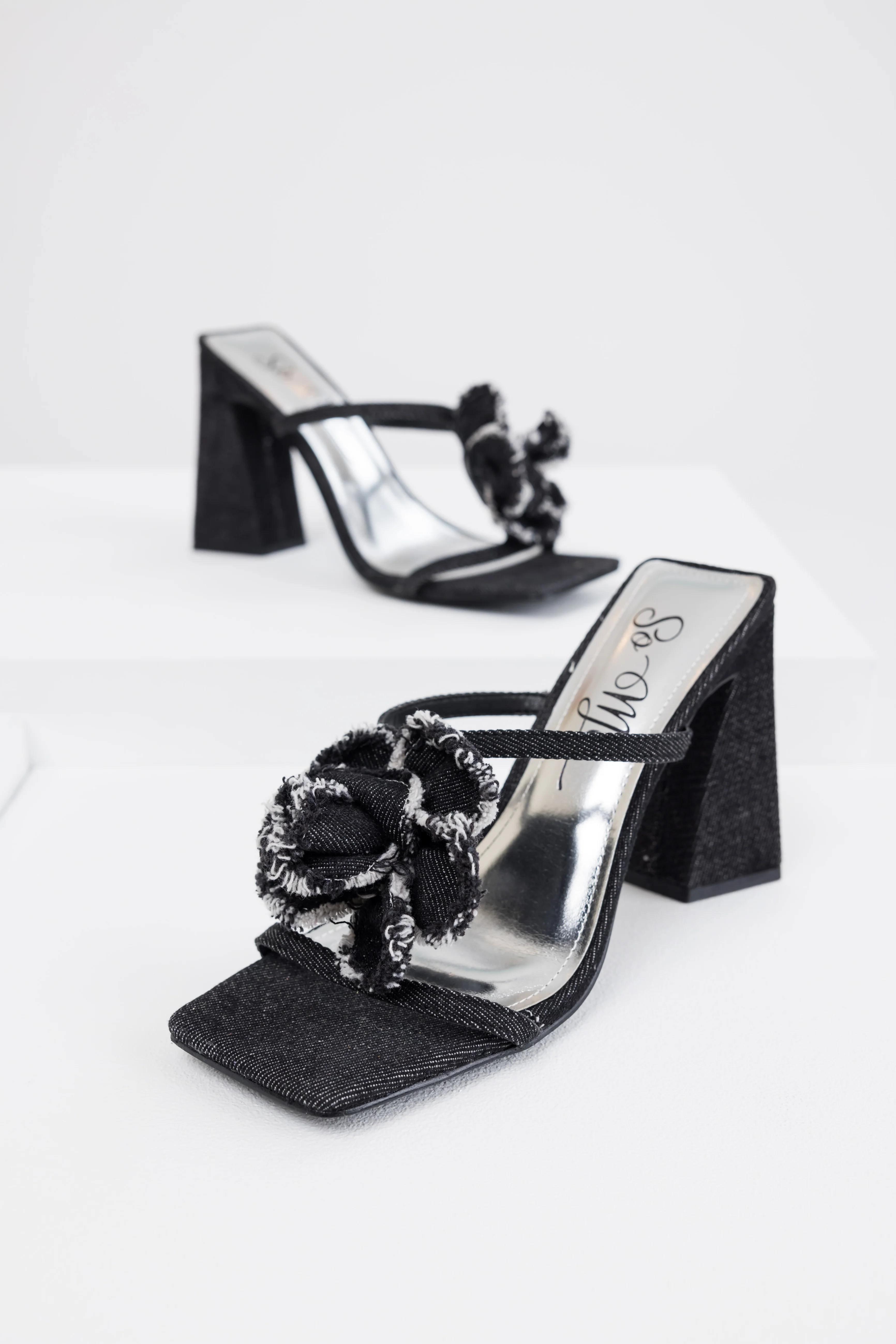Black Denim Flower Detail Square Toe Heels - LD SALE