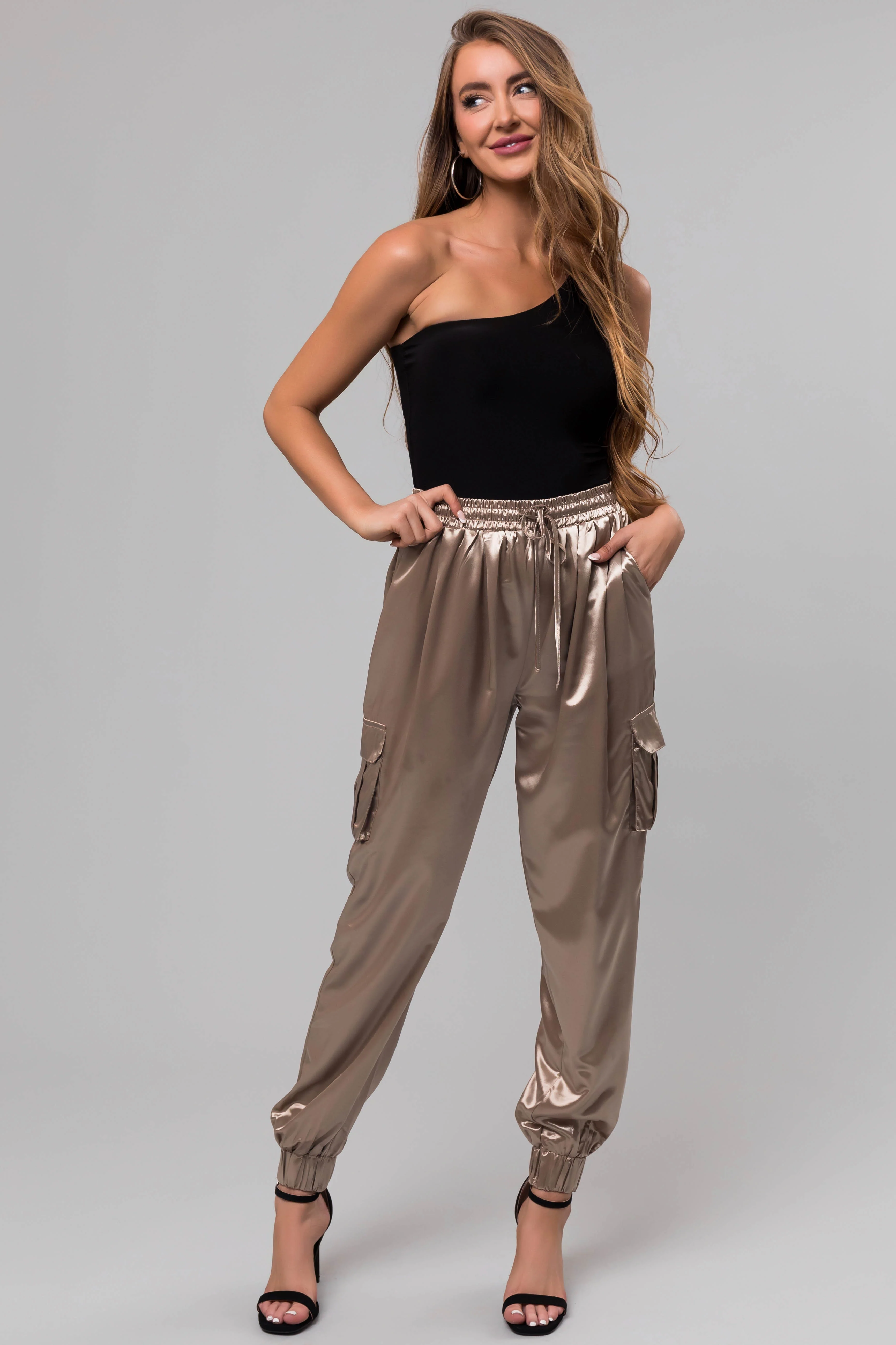 Taupe Shiny Metallic Smocked Waist Joggers - LD SALE