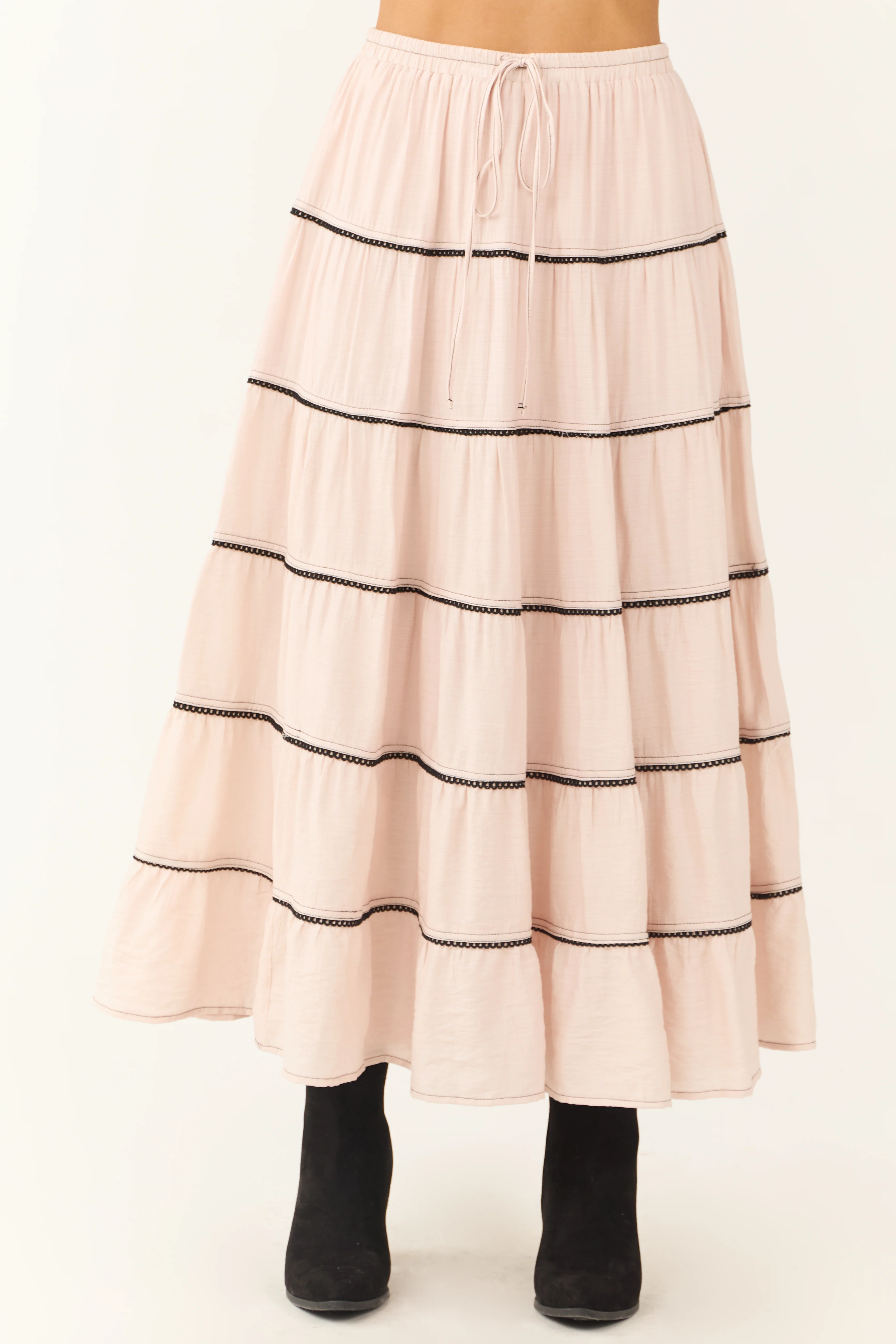 Tea Rose Contrast Tie Waist Tiered Maxi Skirt - LD SALE