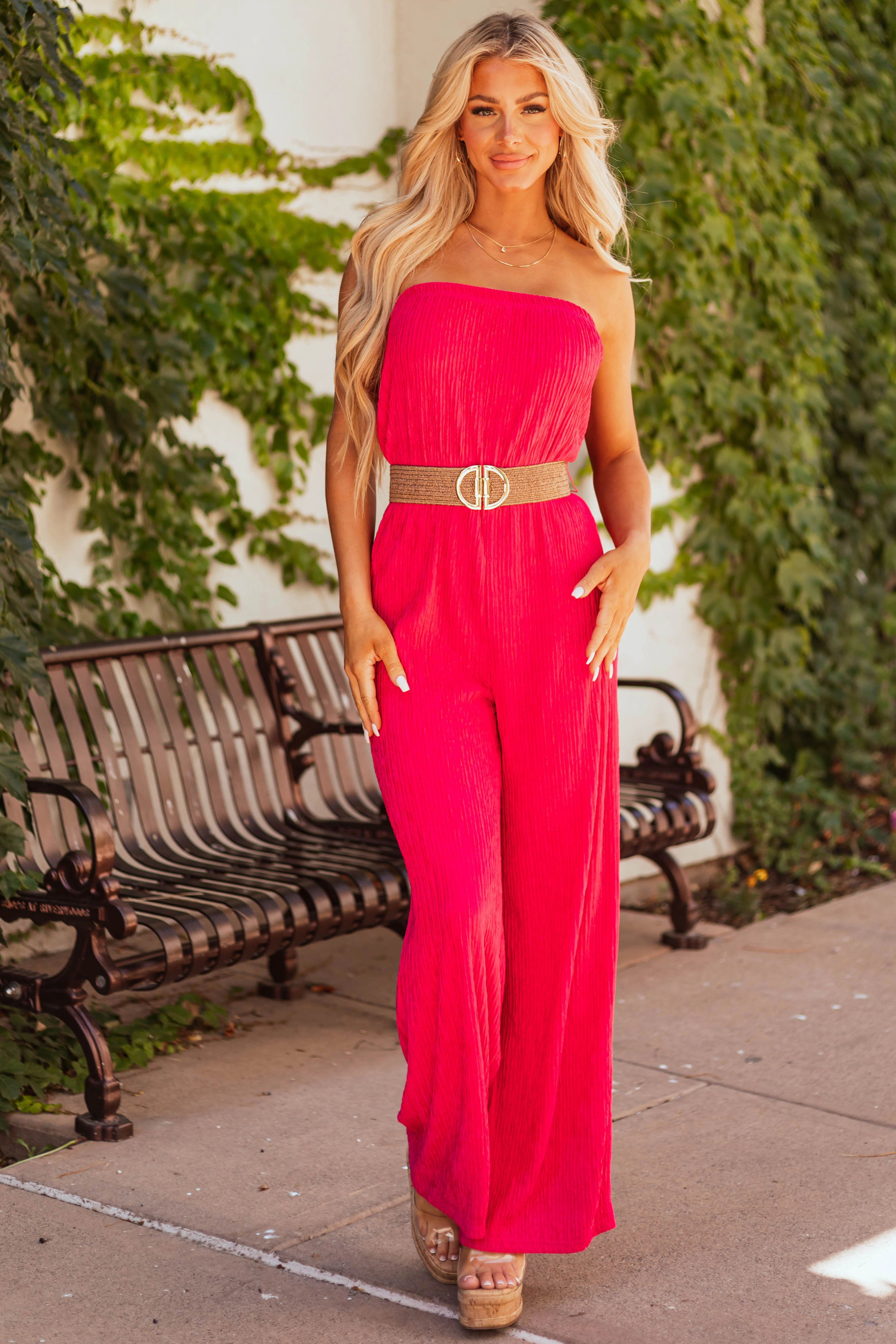 Raspberry Plisse Strapless Belted Jumpsuit - LD SALE