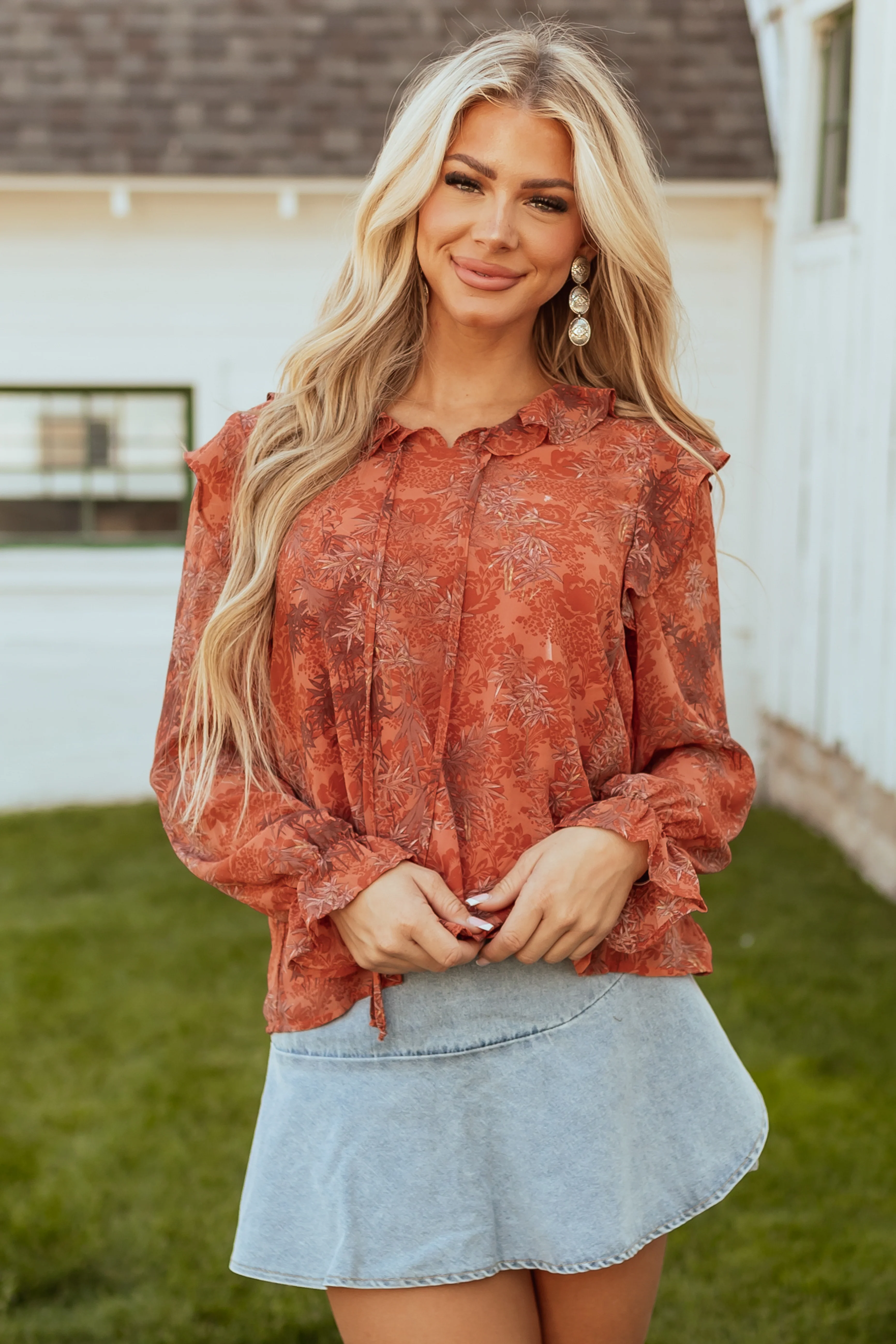 Terracotta Abstract Print Ruffle Front Tie Top - LD SALE