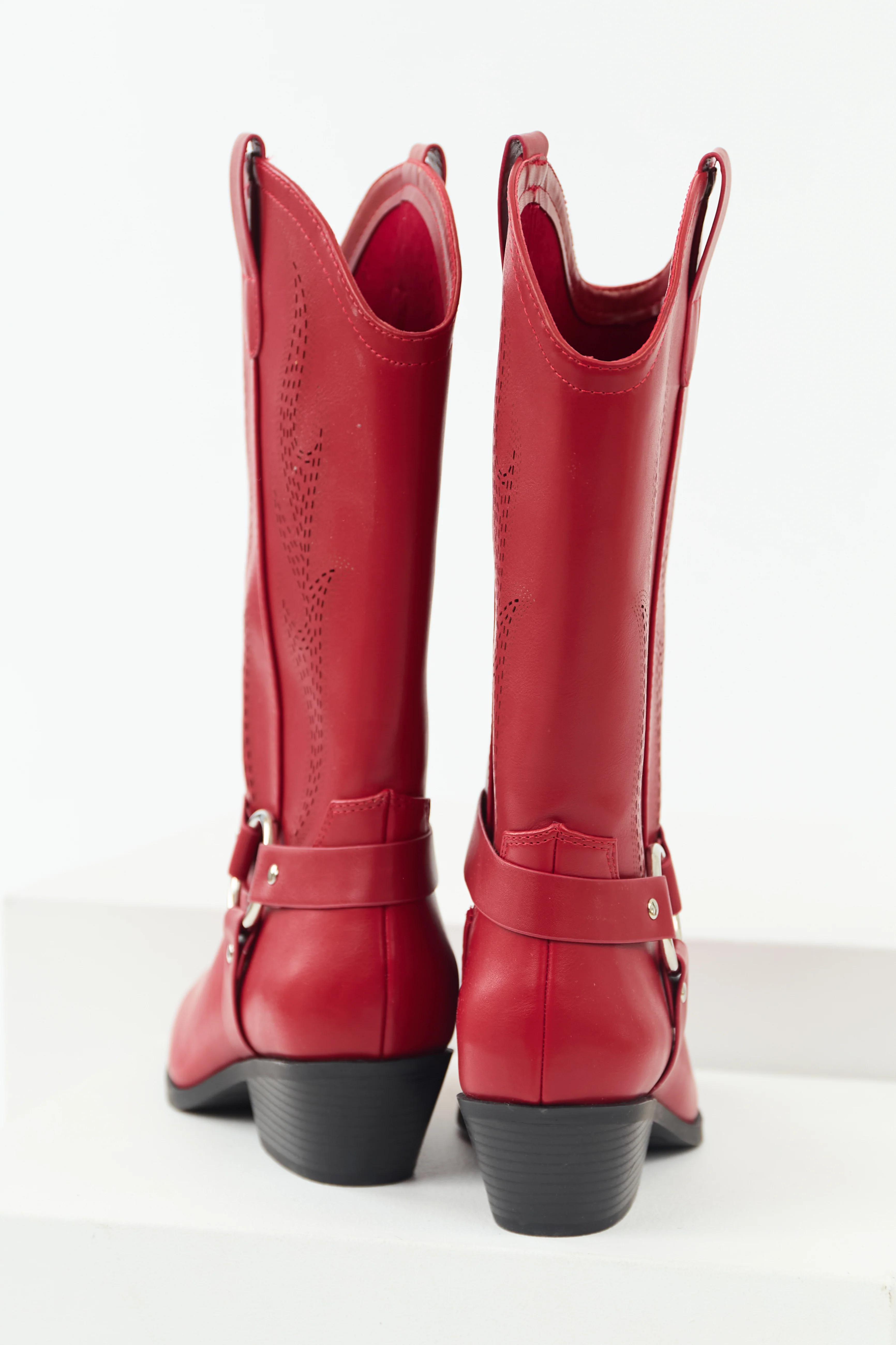 Cherry Embroidered Riding Strap Heeled Boots - LD SALE