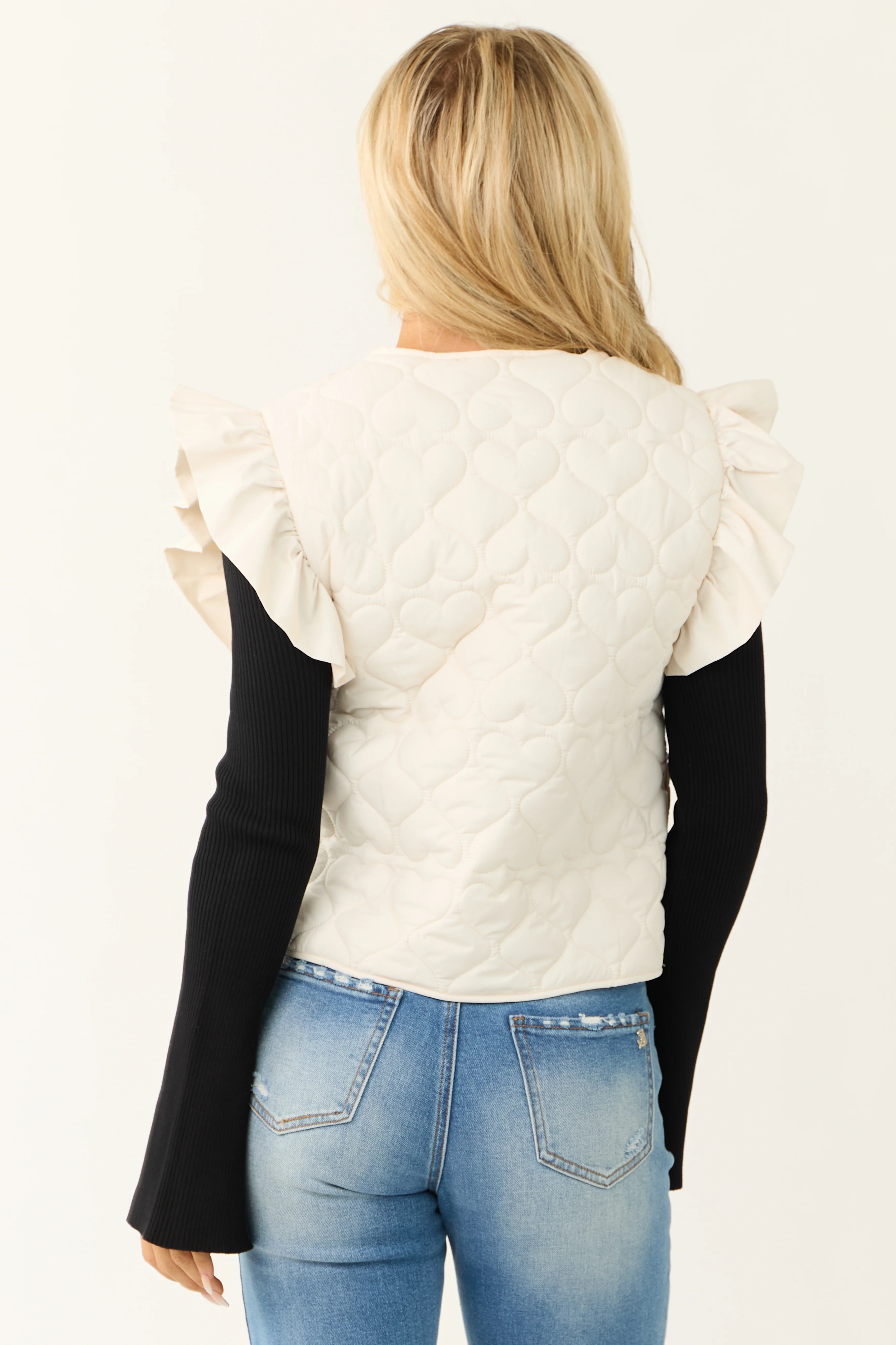 Cream Ruffle Strap Zip Up Quilted Puffer Vest - LD SALE