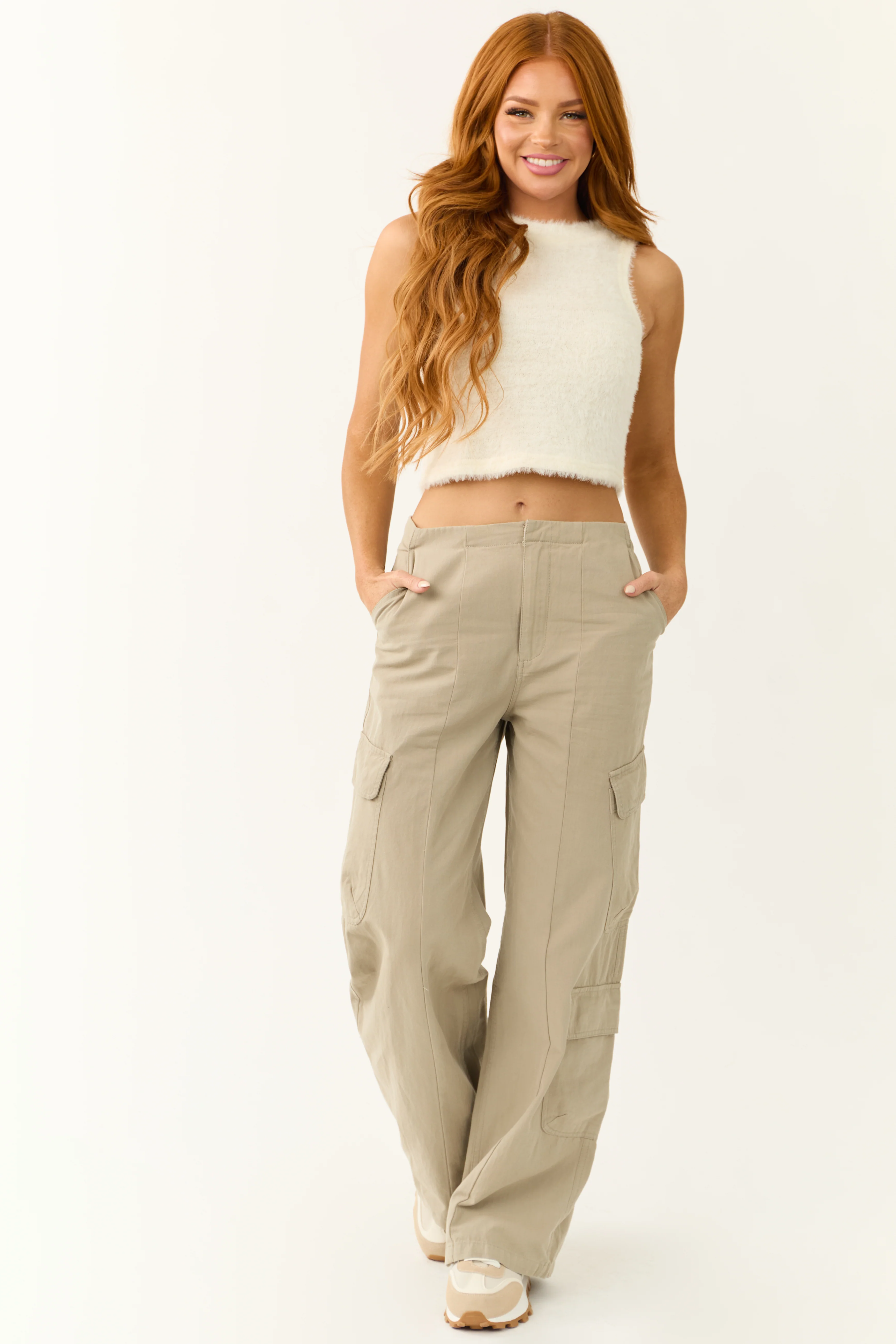 Faded Olive Mid Rise Wide Leg Cargo Pants - LD SALE