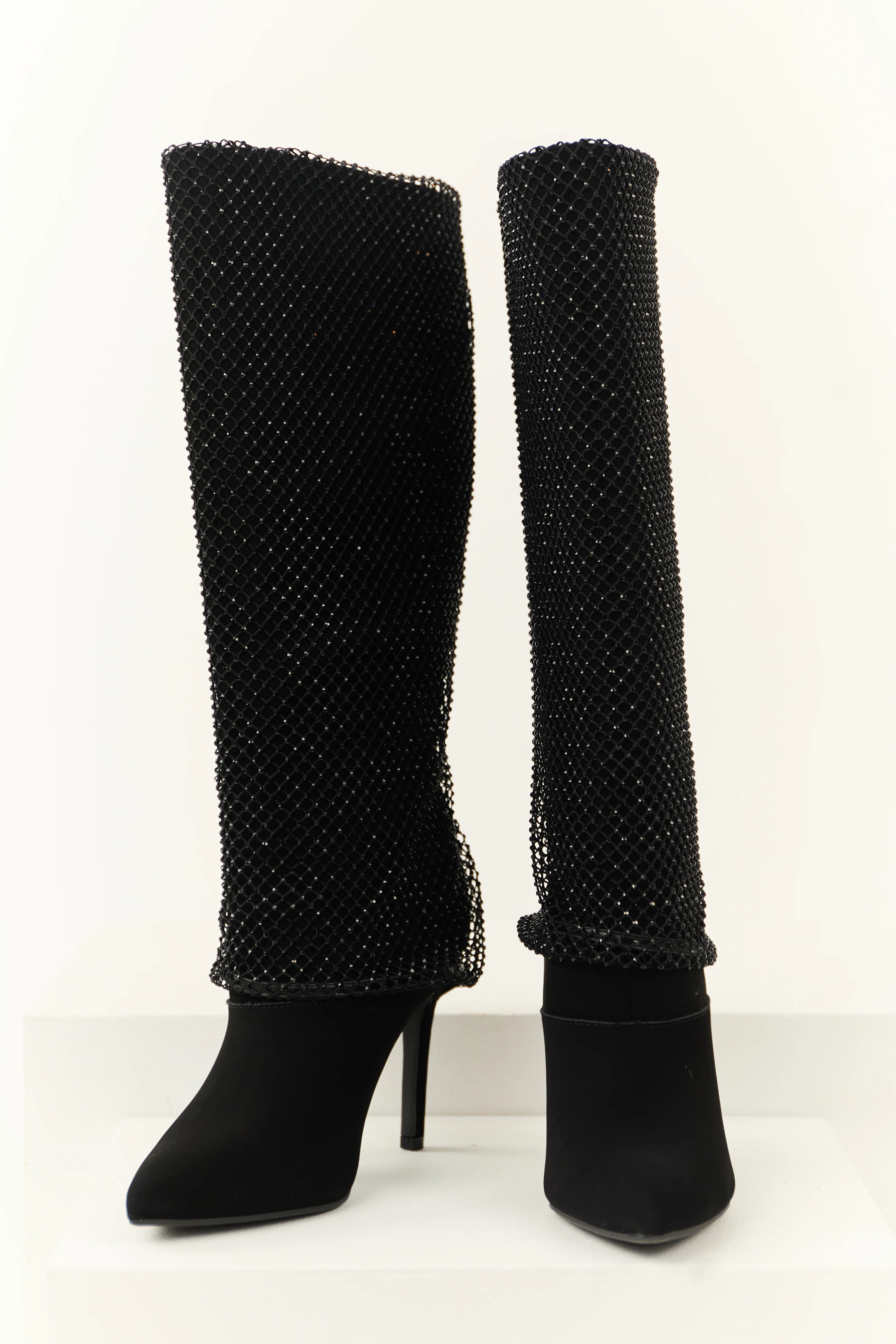 Black Mesh Overlay Stiletto Knee High Boots - LD SALE