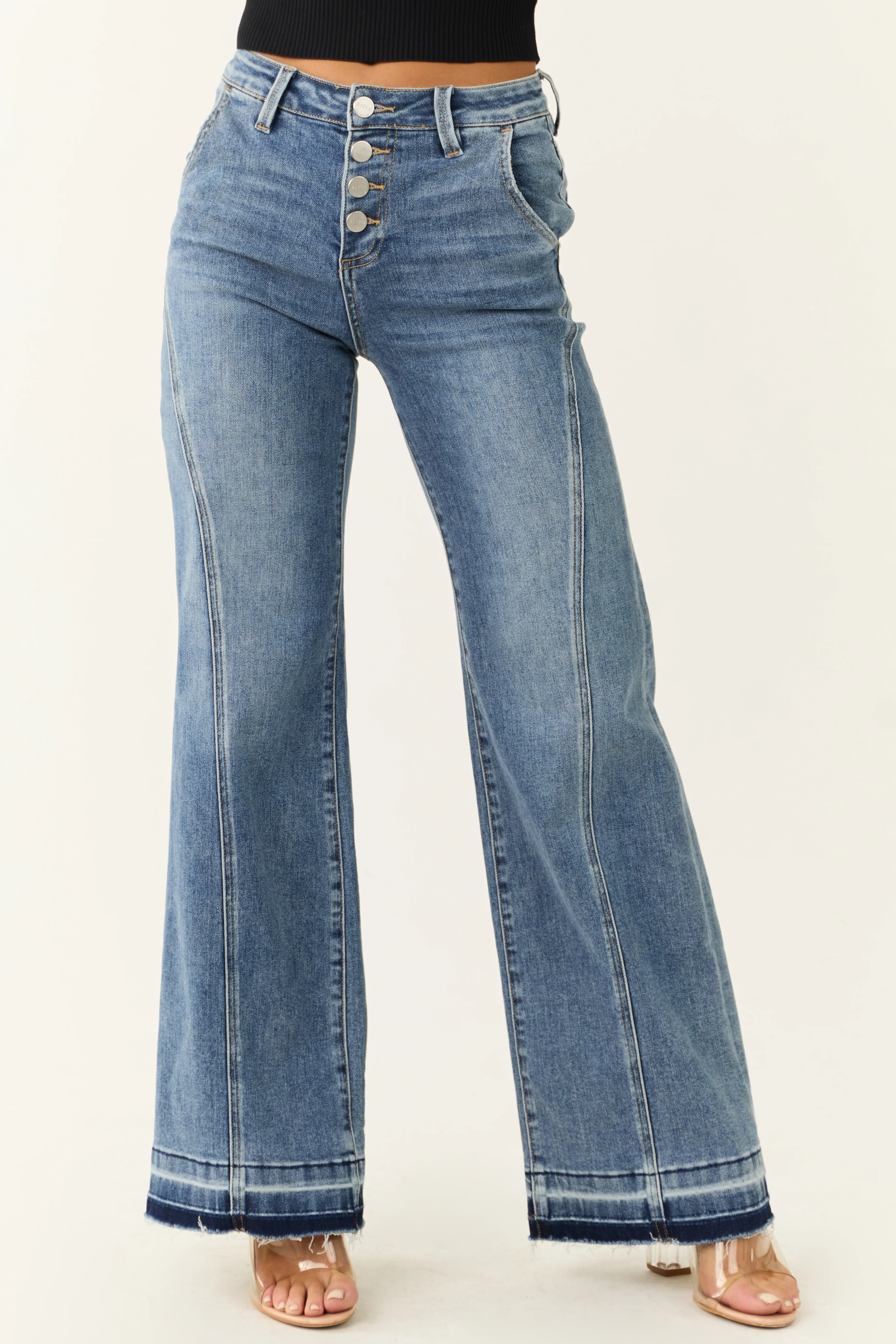 Risen Medium Wash Front Seam Wide Leg Jeans - LD SALE