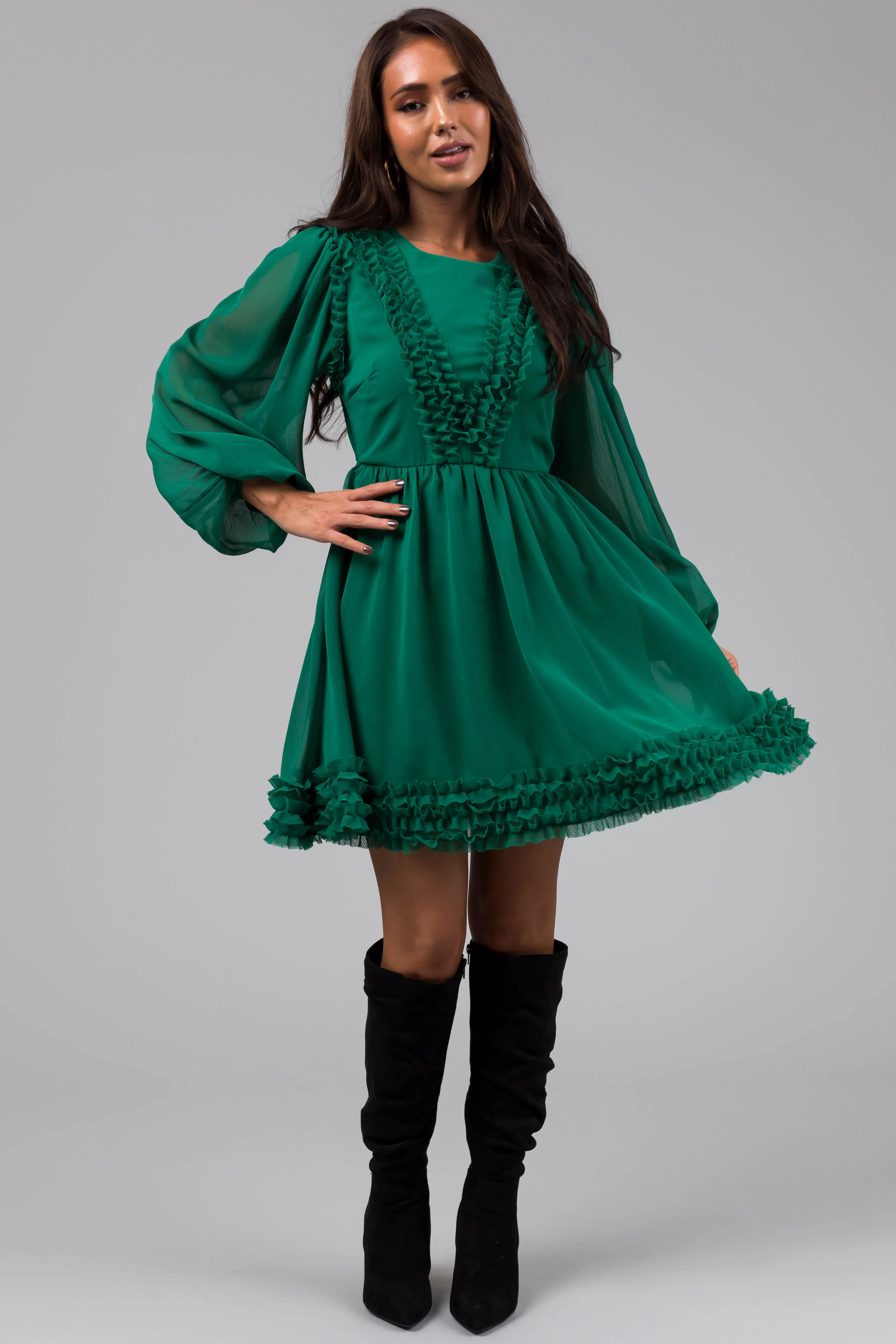 Jade Long Sleeve Ruffle Detail Short Dress - LD SALE