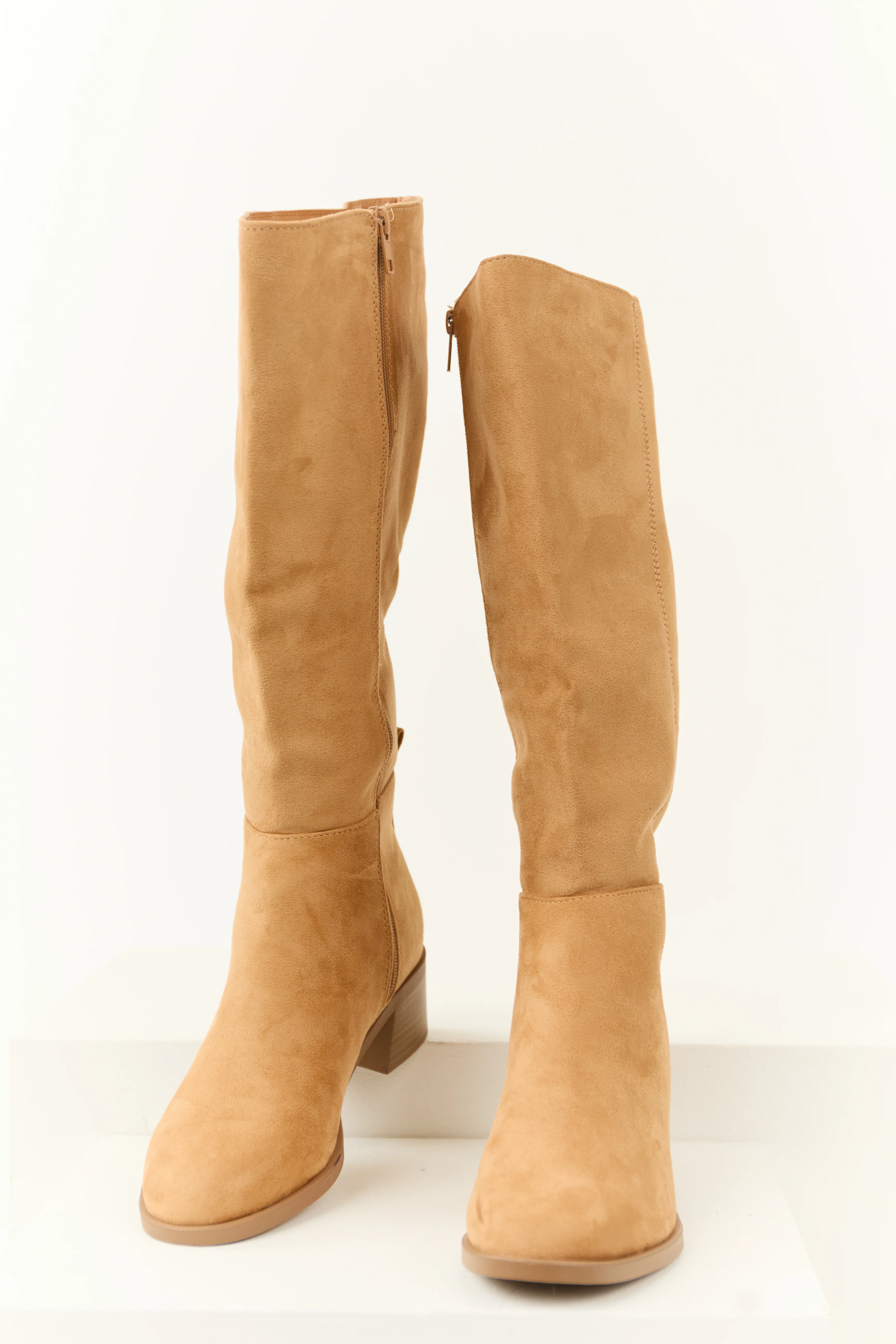 Beige Faux Suede Chunky Heel Tall Boots - LD SALE