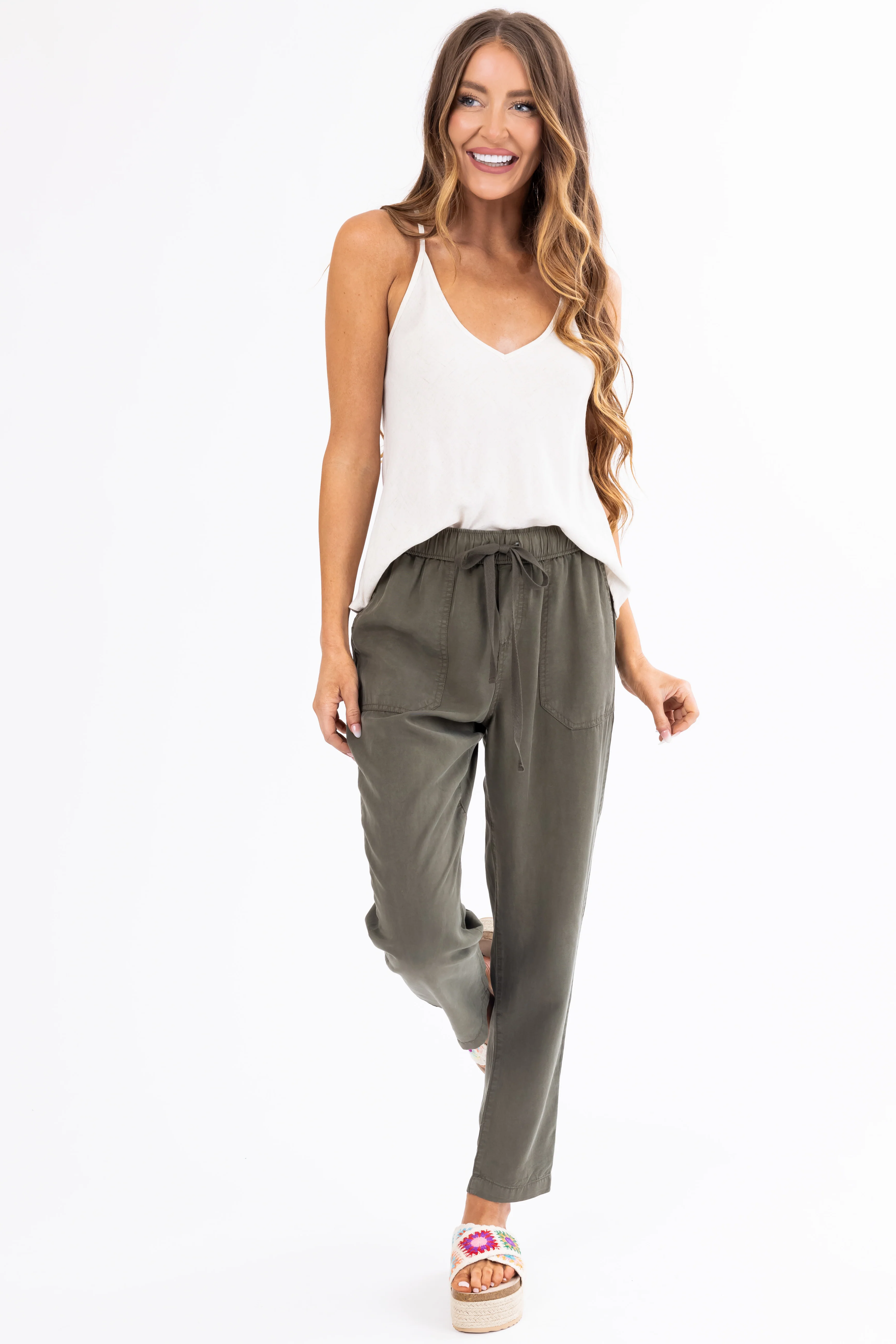Army Green Straight Leg Drawstring Soft Pants - LD SALE