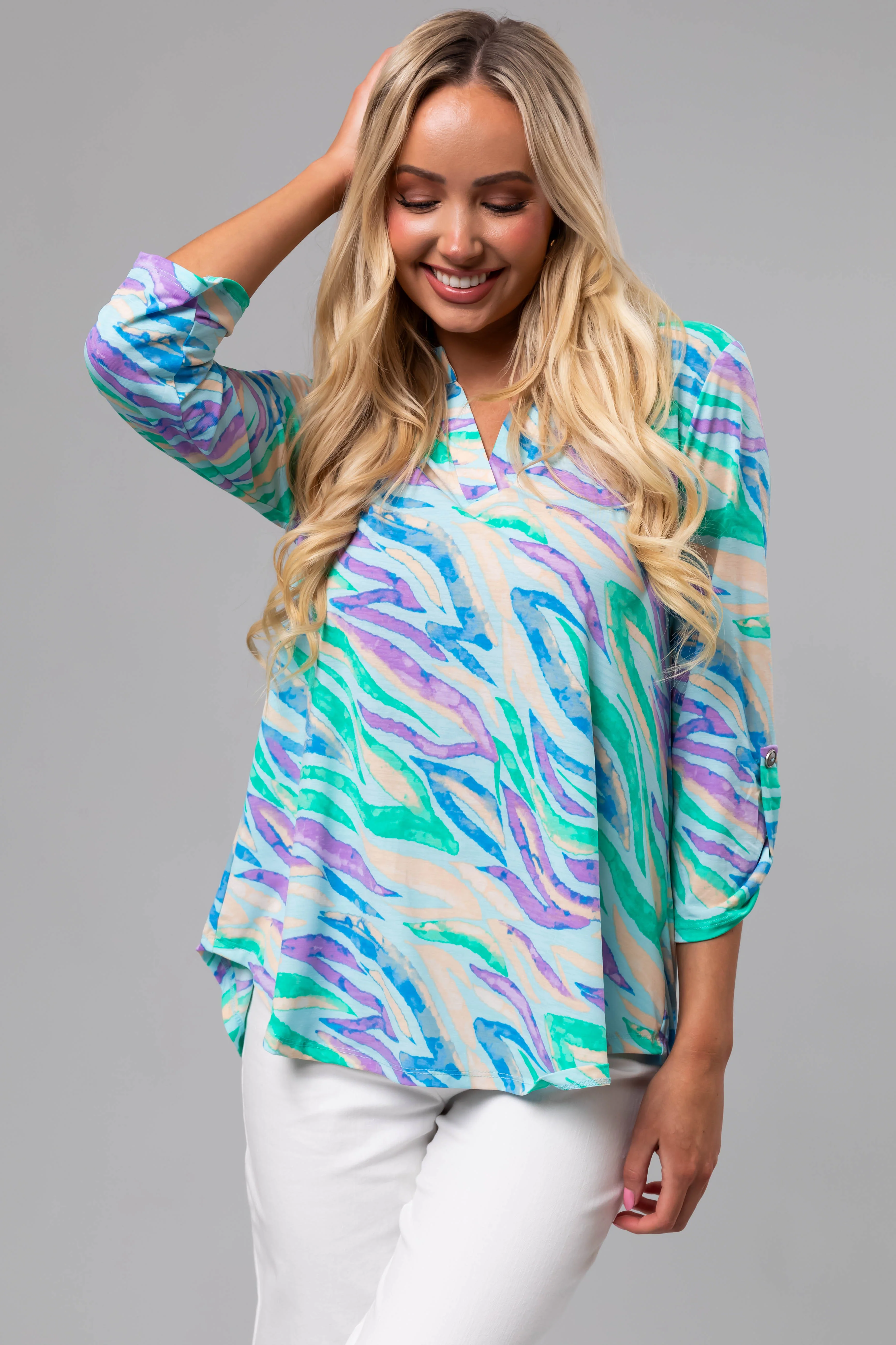 Light Aqua Zebra Print 3/4 Sleeve V-Neck Top - LD SALE