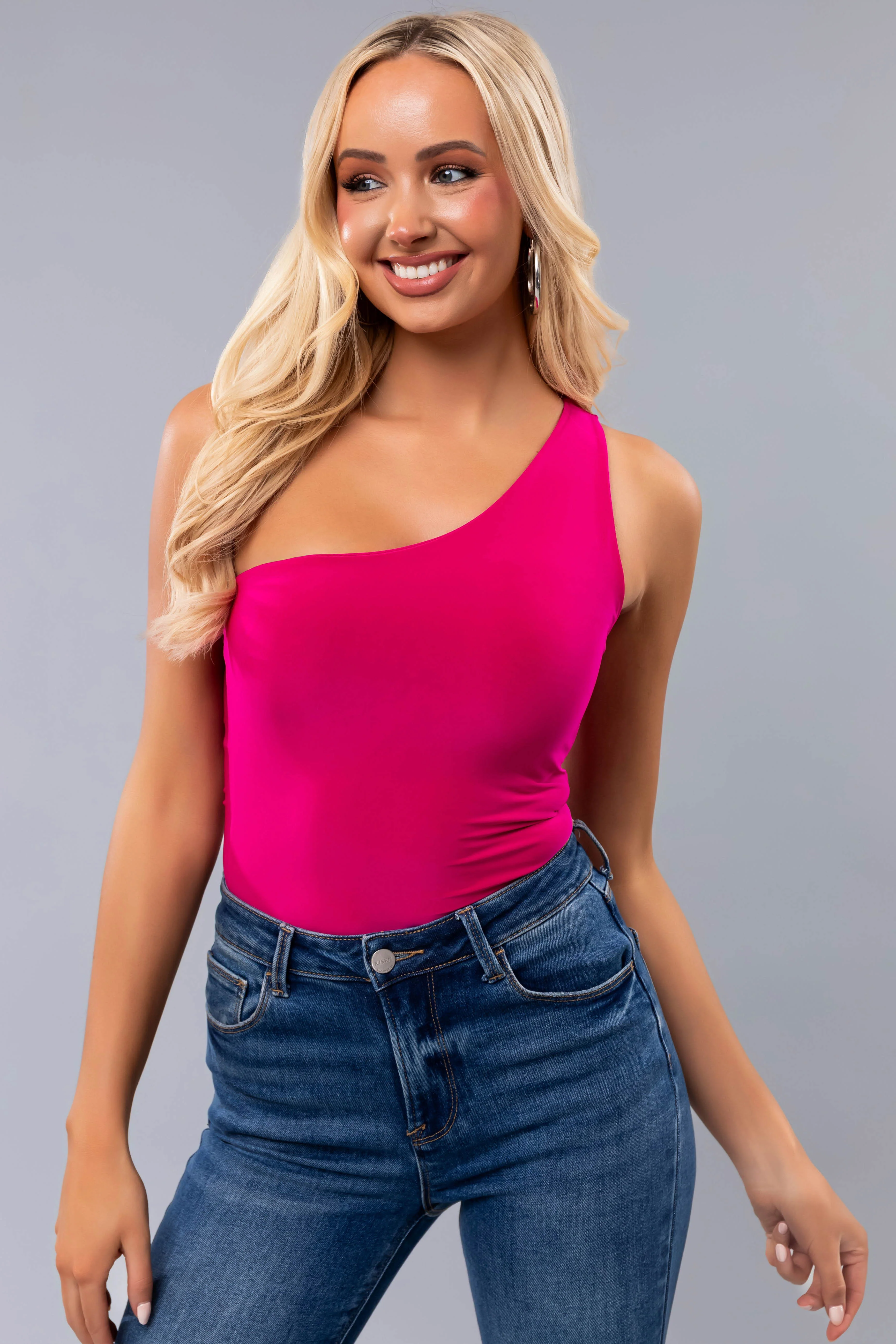 Magenta One Shoulder Stretchy Knit Bodysuit - LD SALE