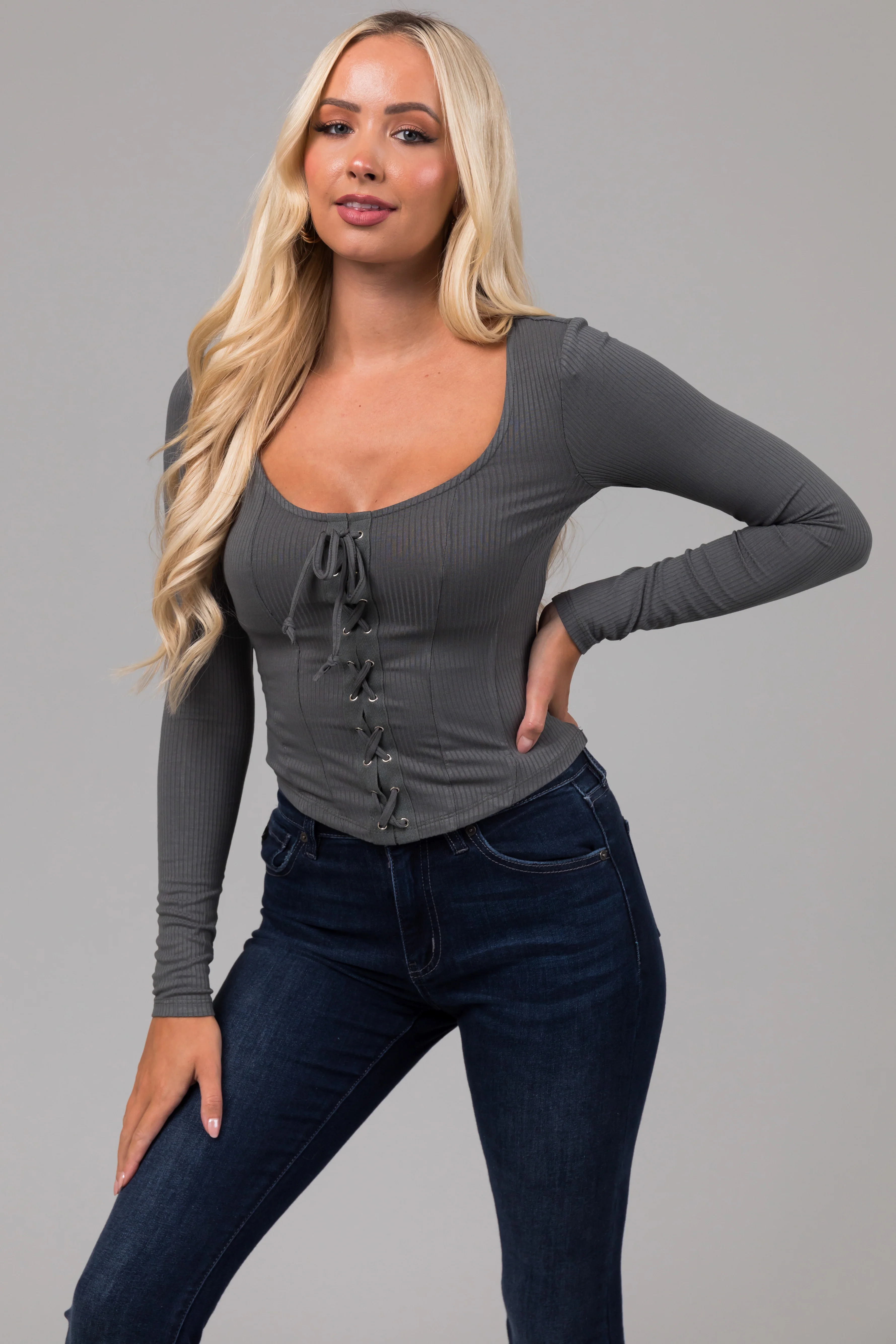 Dusty Sage Lace Up Ribbed Knit Corset Top - LD SALE