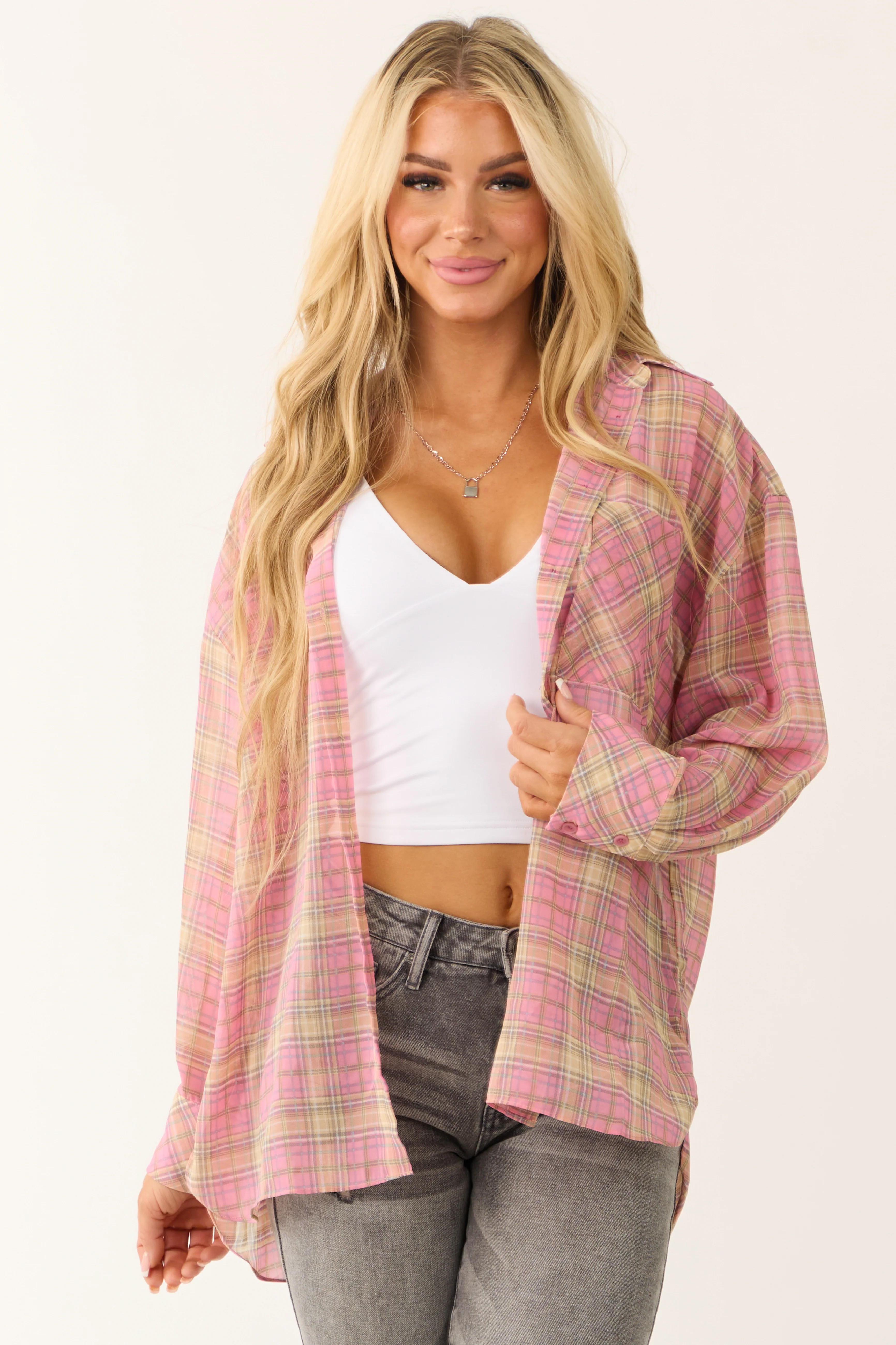 Bubblegum Plaid Long Sleeve Button Up Sheer Top - LD SALE