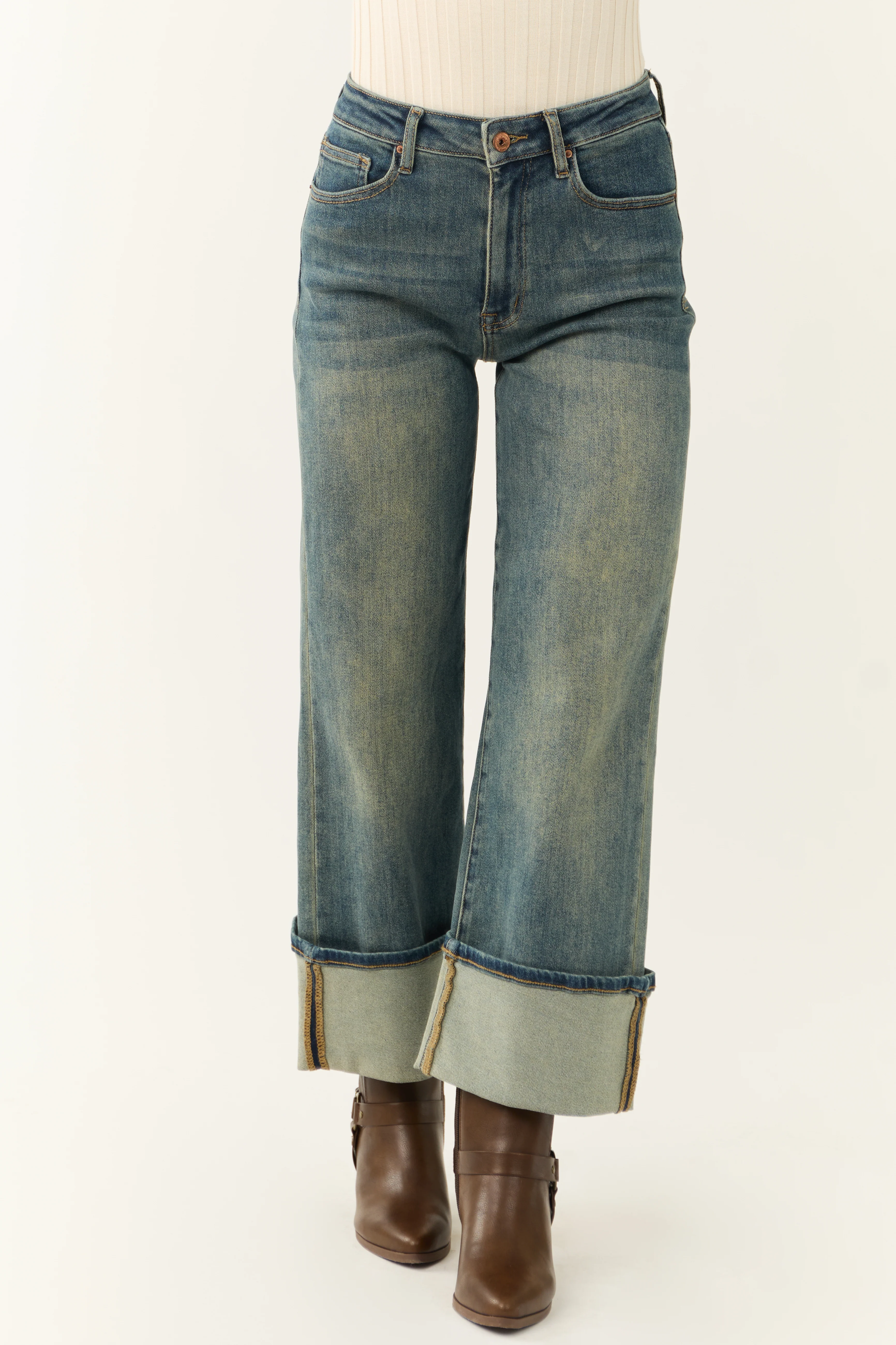 Special A Faded Medium Wash Cuffed Wide Leg Jeans - LD SALE