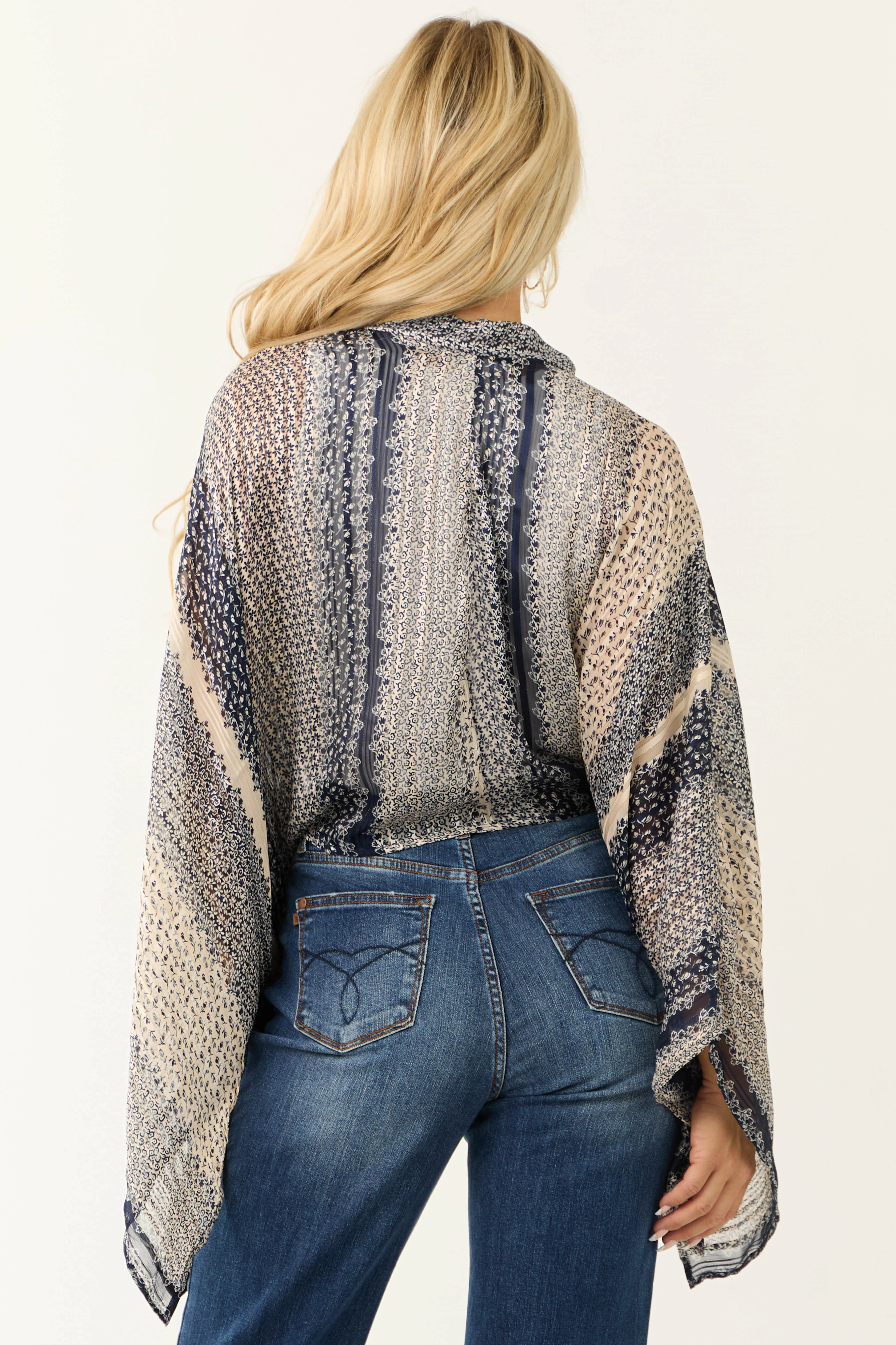 Navy Multi Print Front Tie Long Sleeve Kimono - LD SALE