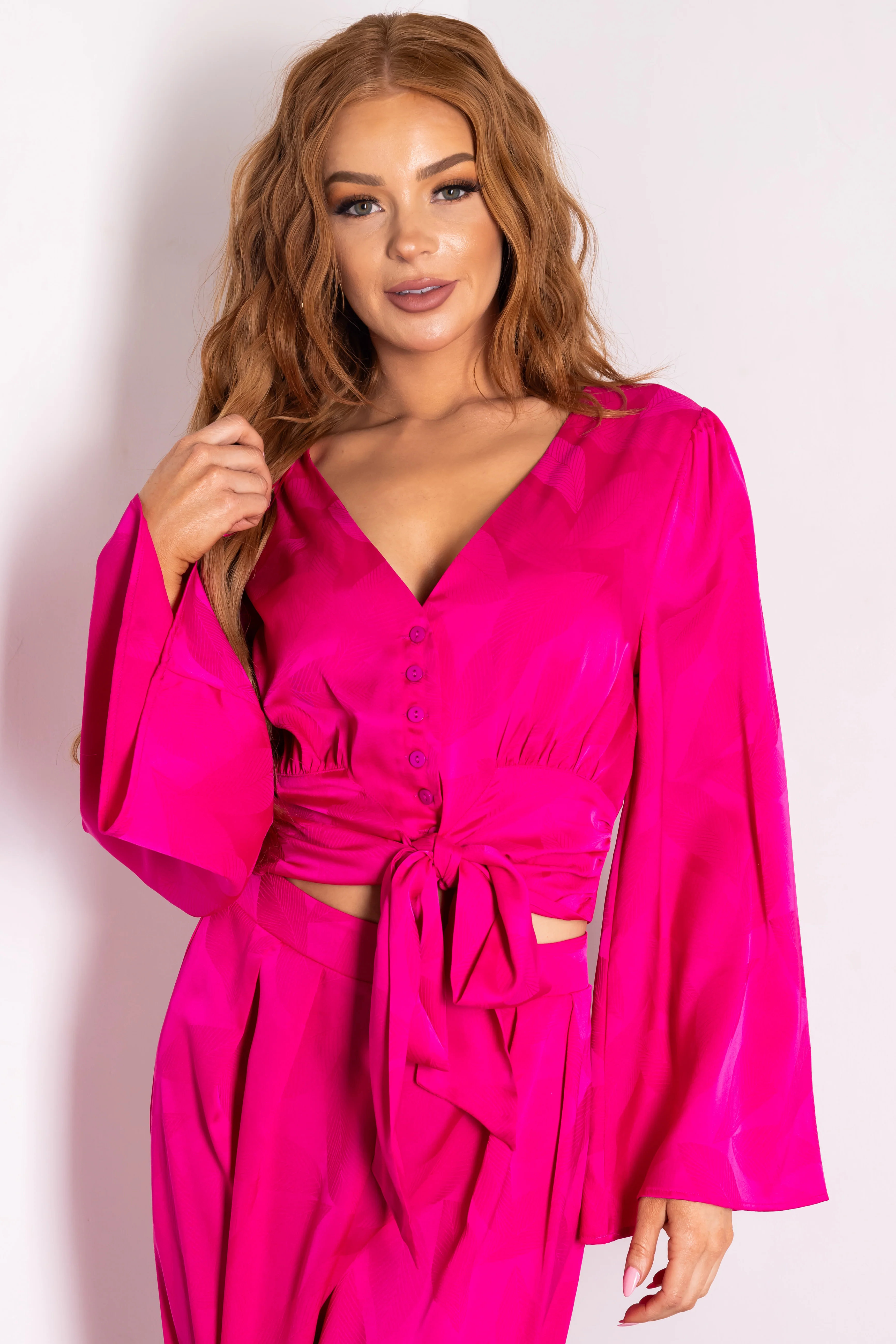 Flying Tomato Magenta Leaf Texture Bell Sleeve Top - LD SALE