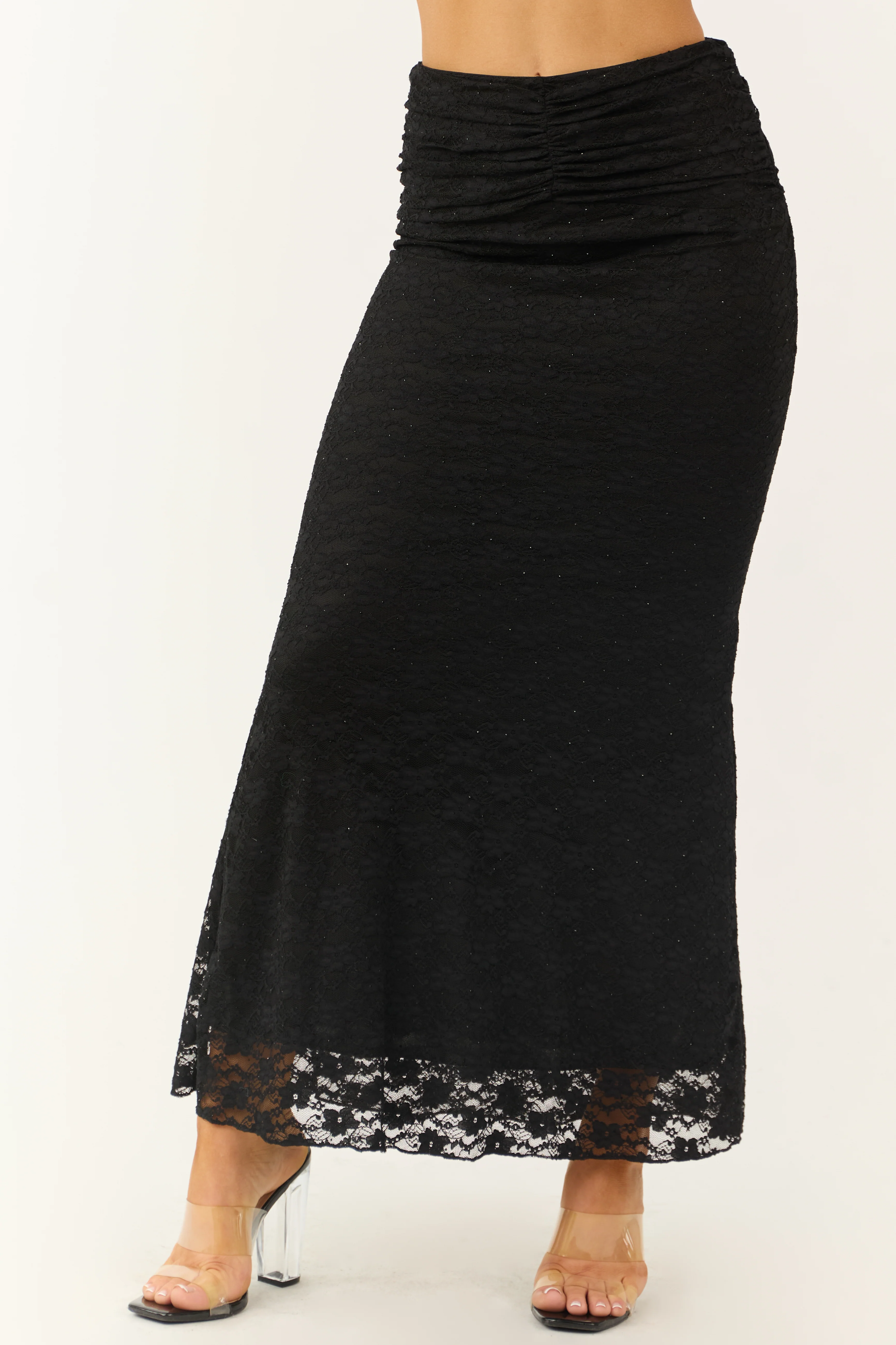 Black Studded Floral Lace Ruched Maxi Skirt - LD SALE