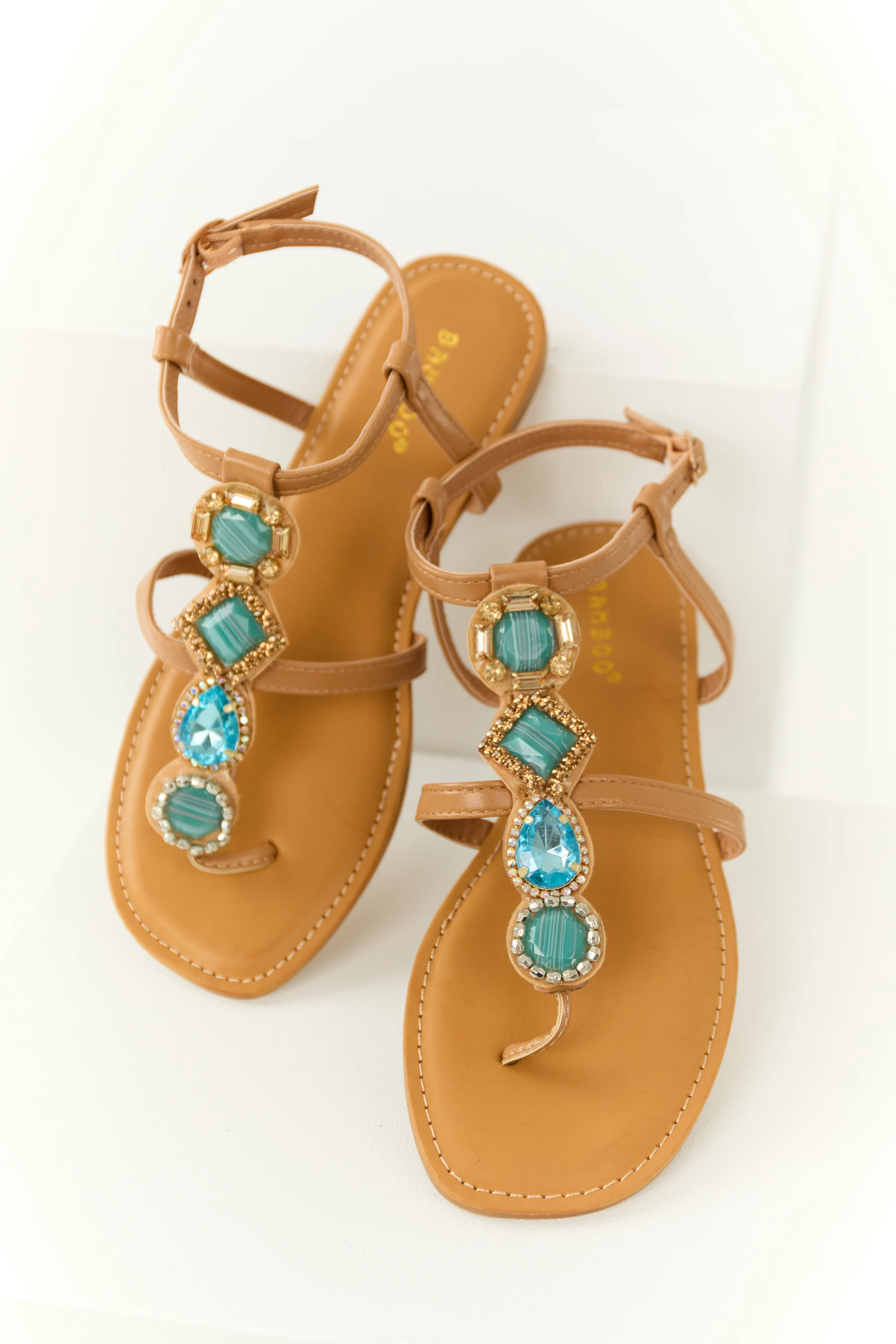 Brown Sugar Thong Sandals with Teal Rhinestone Strap - LD SALE
