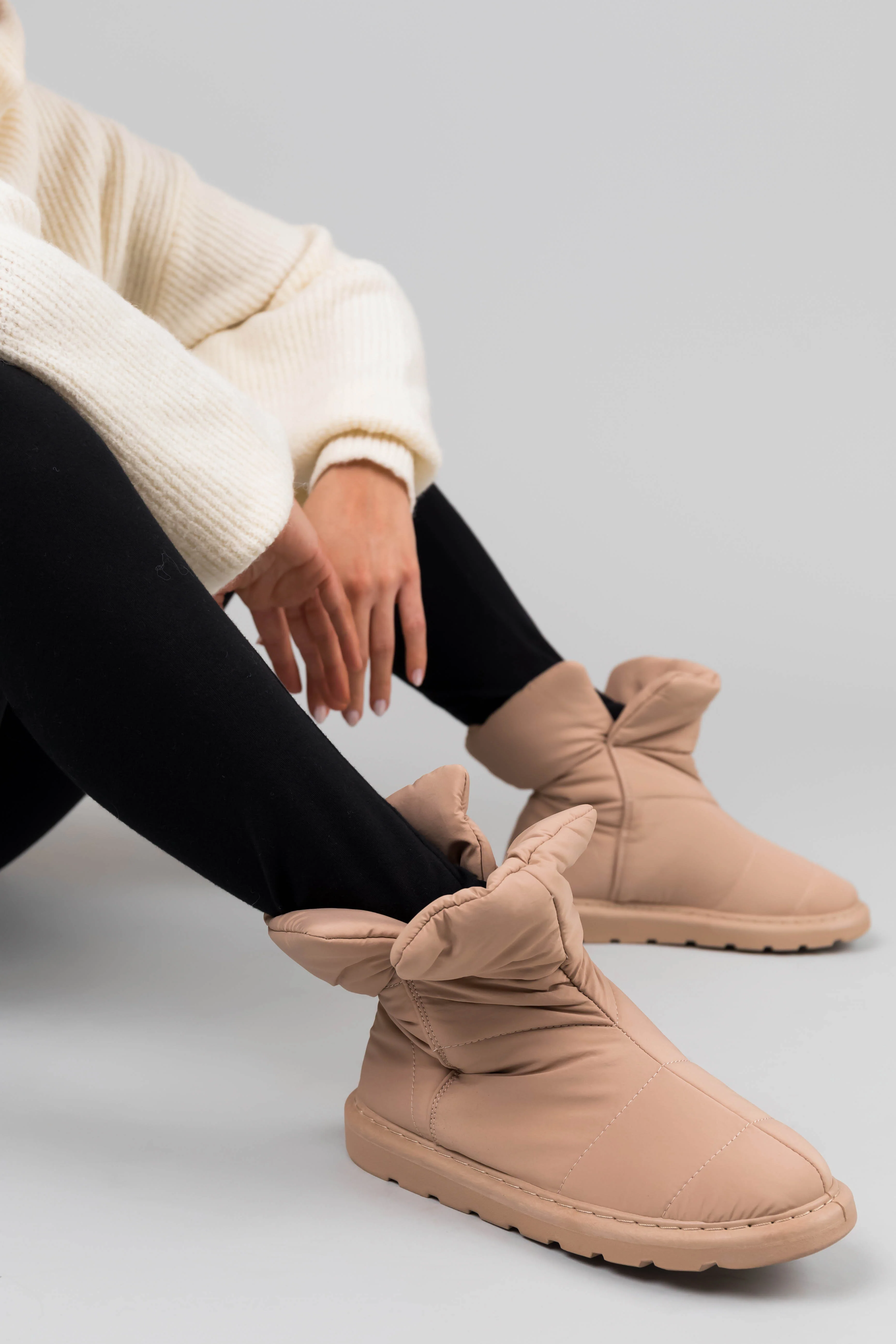Beige Nylon Quilted Treaded Sole Boots - LD SALE