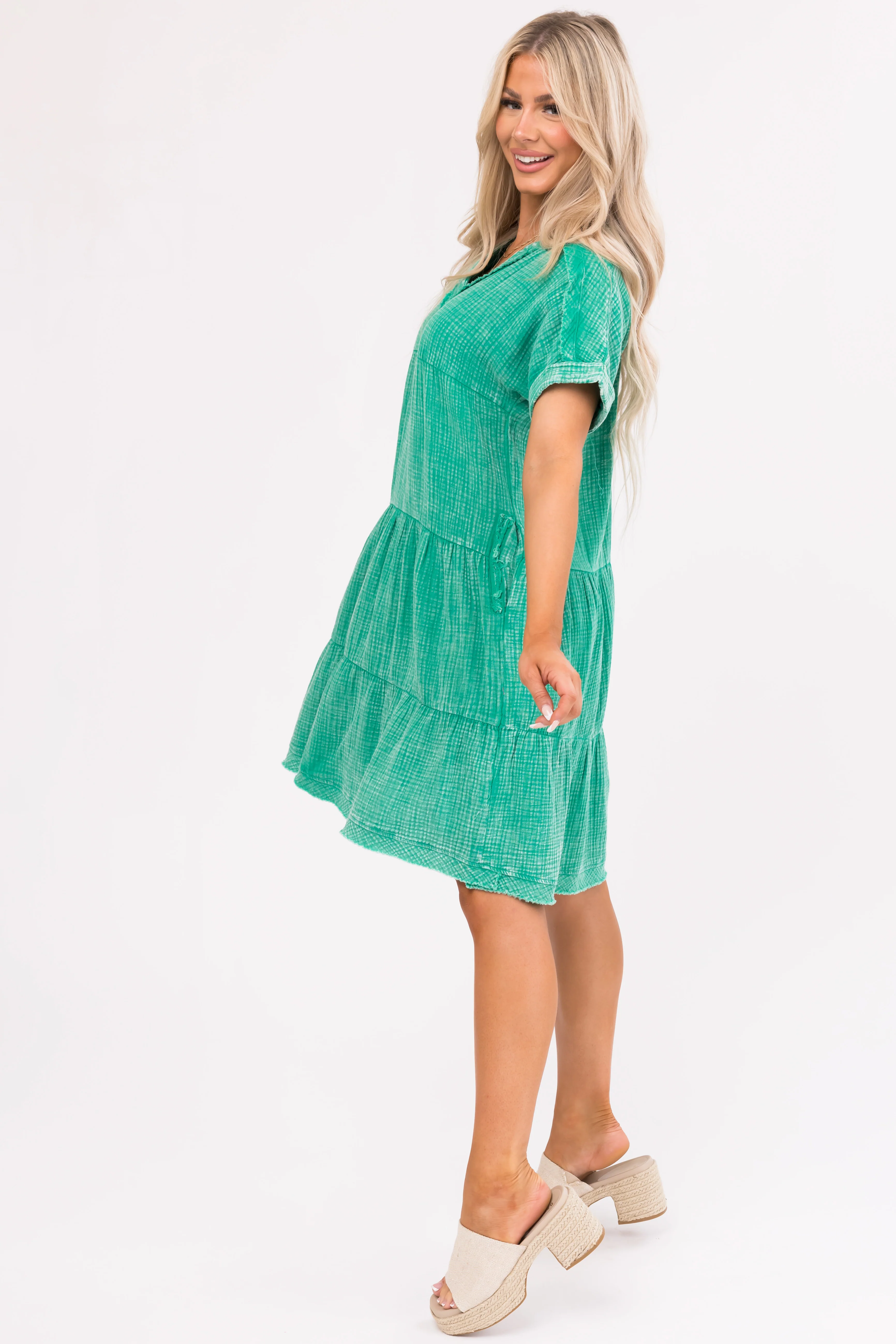 Kelly Green Washed Tiered V Neck Mini Dress - LD SALE