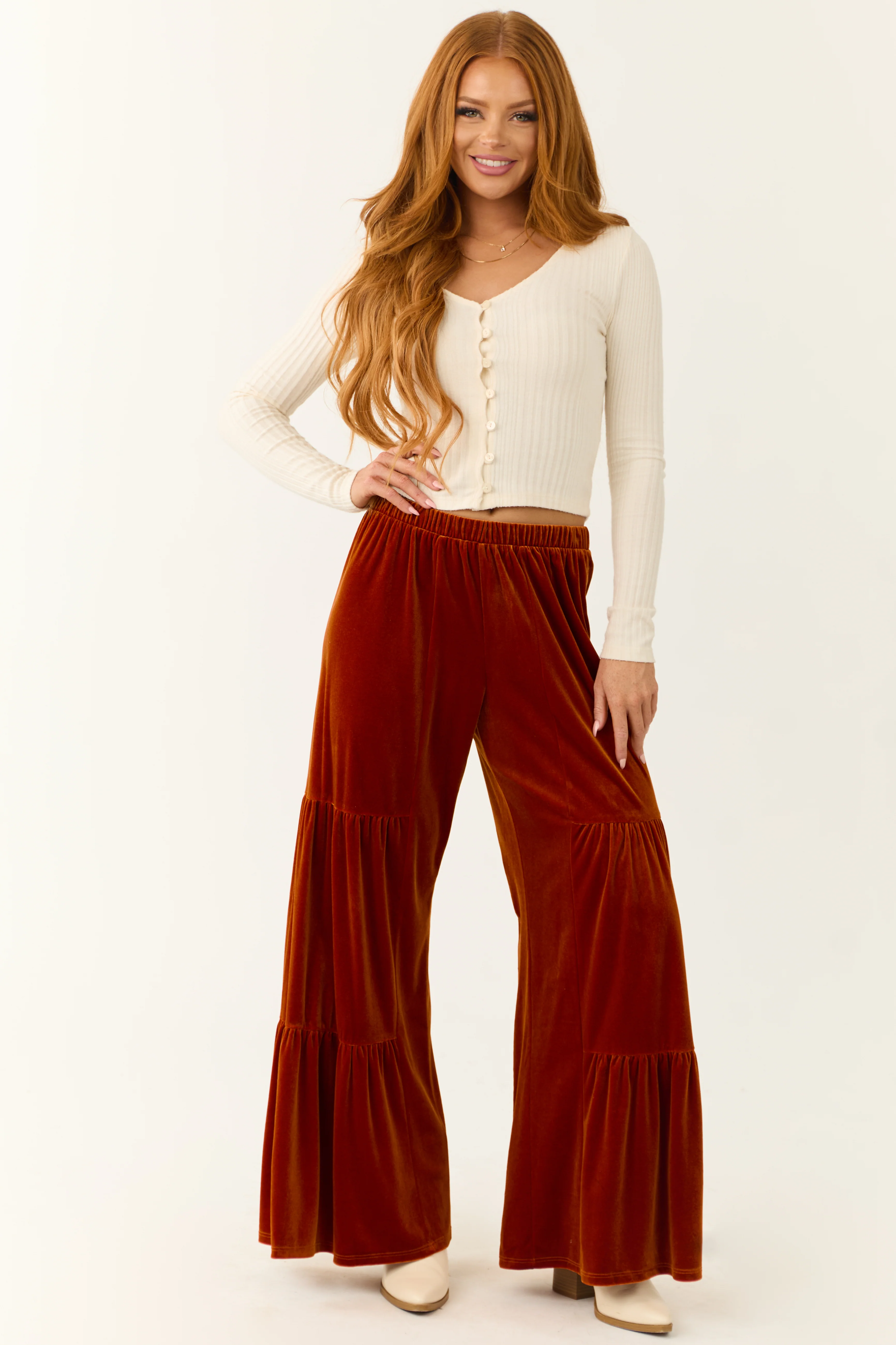 Burnt Orange Velvet Tiered Wide Leg Pants - LD SALE