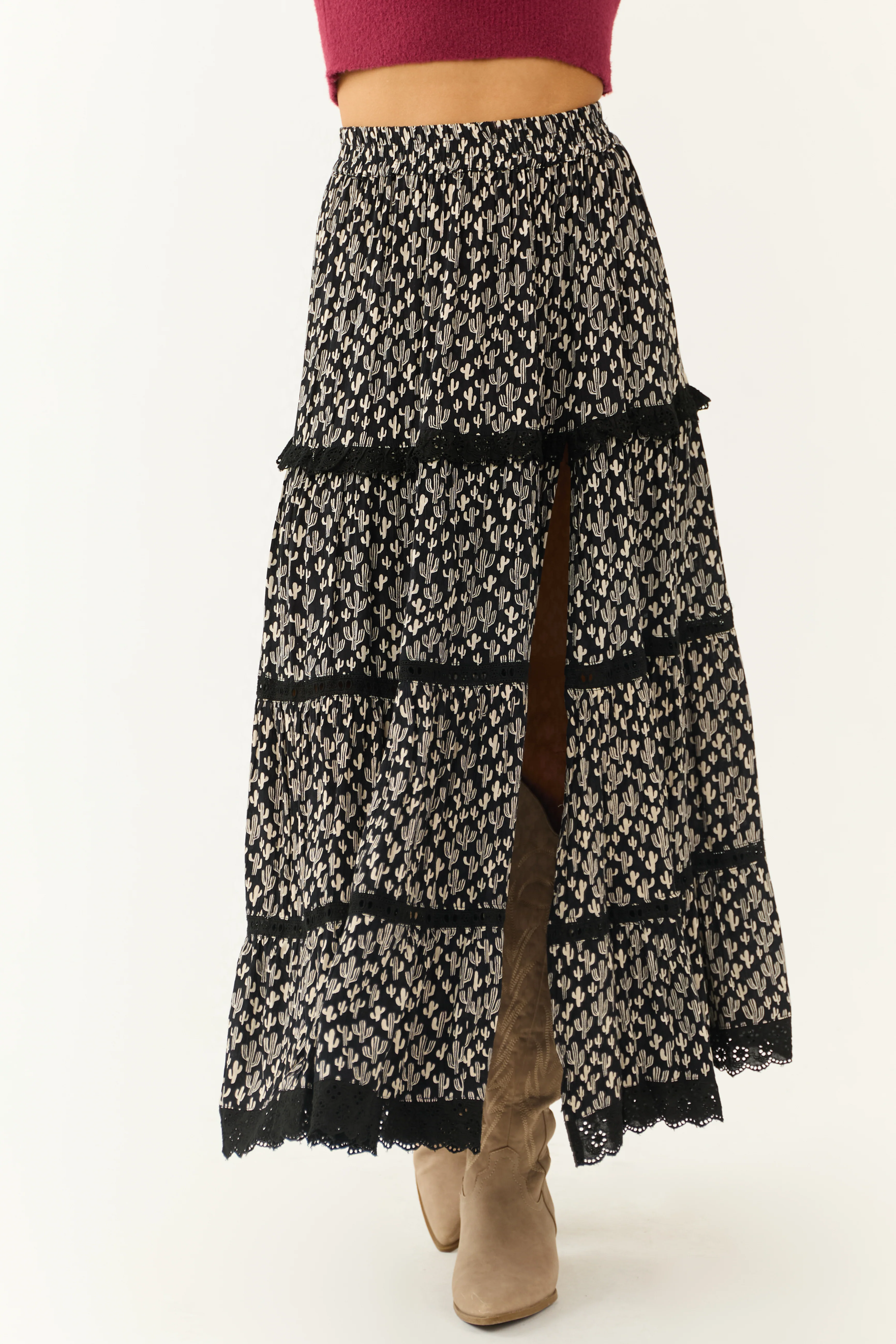 Black Cactus Print Lace Trim Slit Maxi Skirt - LD SALE