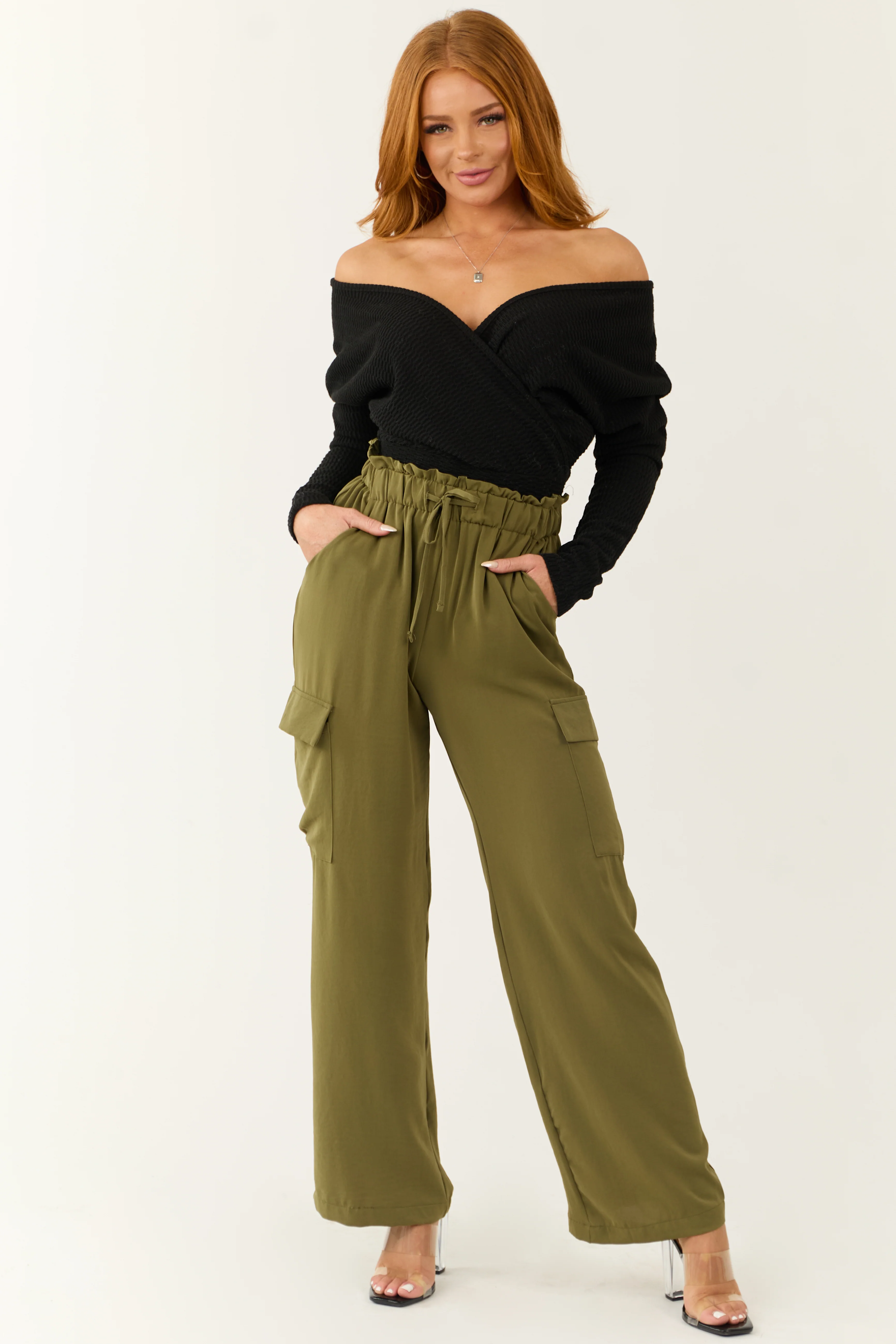 Olive Elastic Paperbag Waist Drawstring Cargo Pants - LD SALE