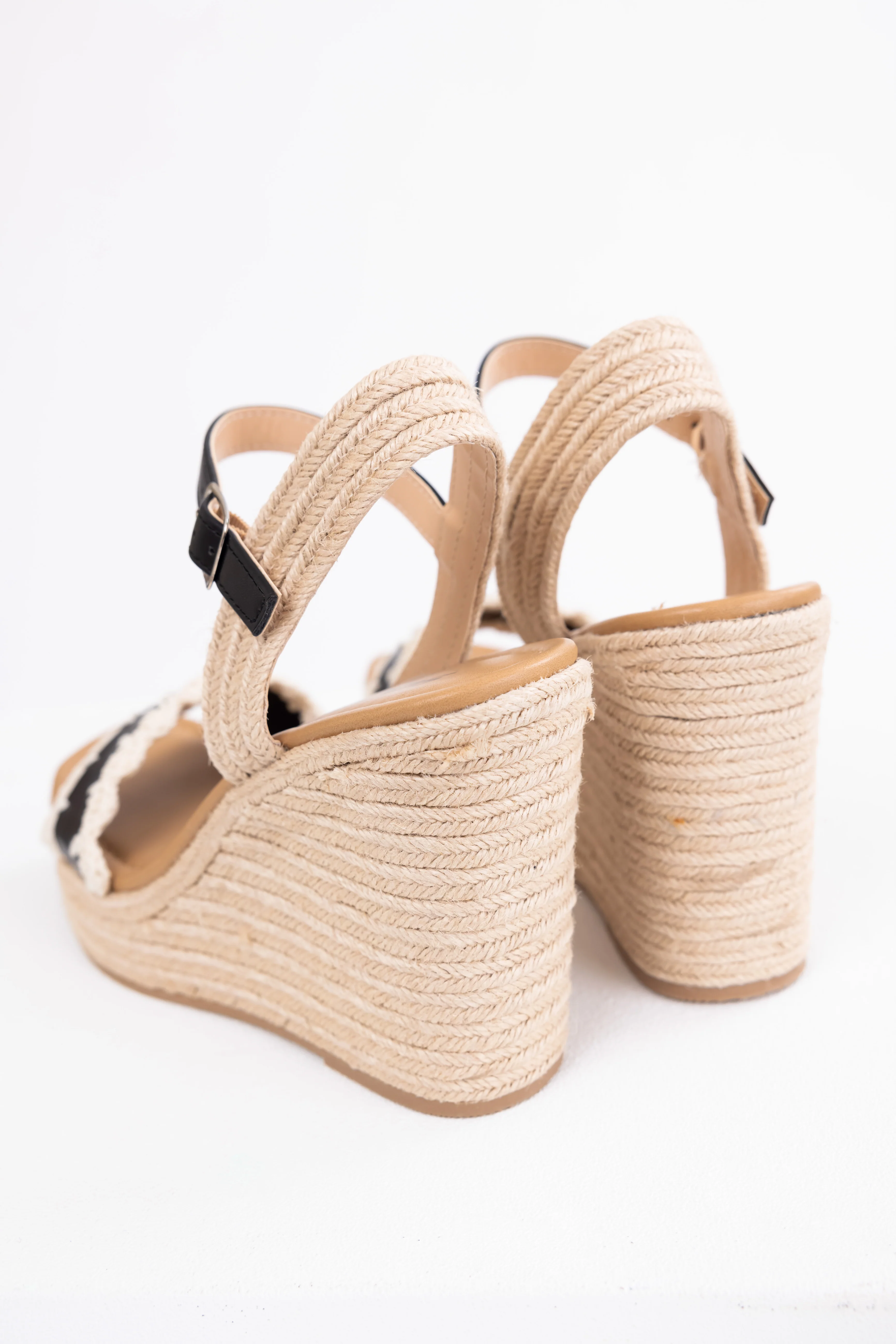 Black Crochet Trim Strap Espadrille Wedges - LD SALE