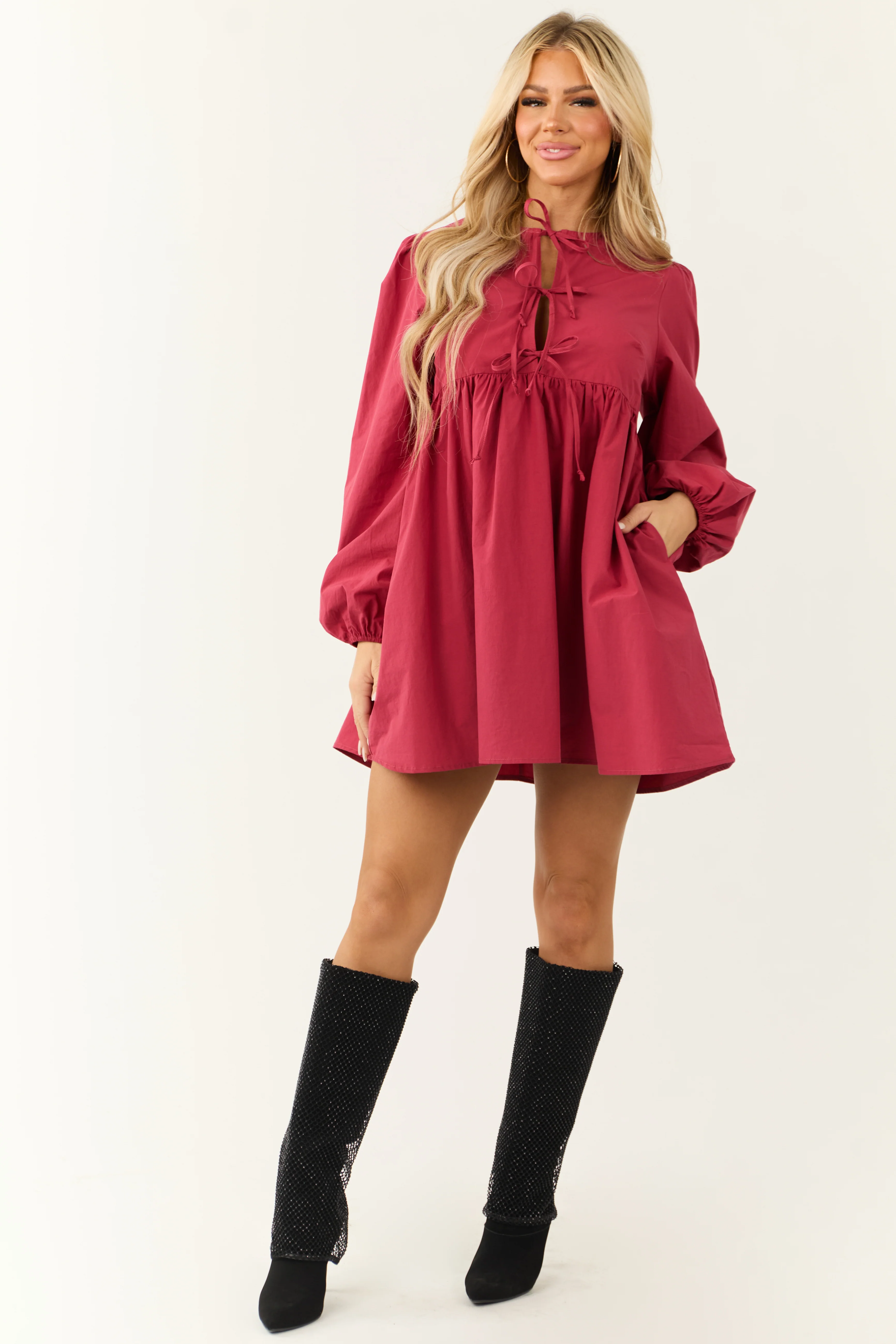 Dusty Crimson Poplin Long Sleeve Short Dress - LD SALE