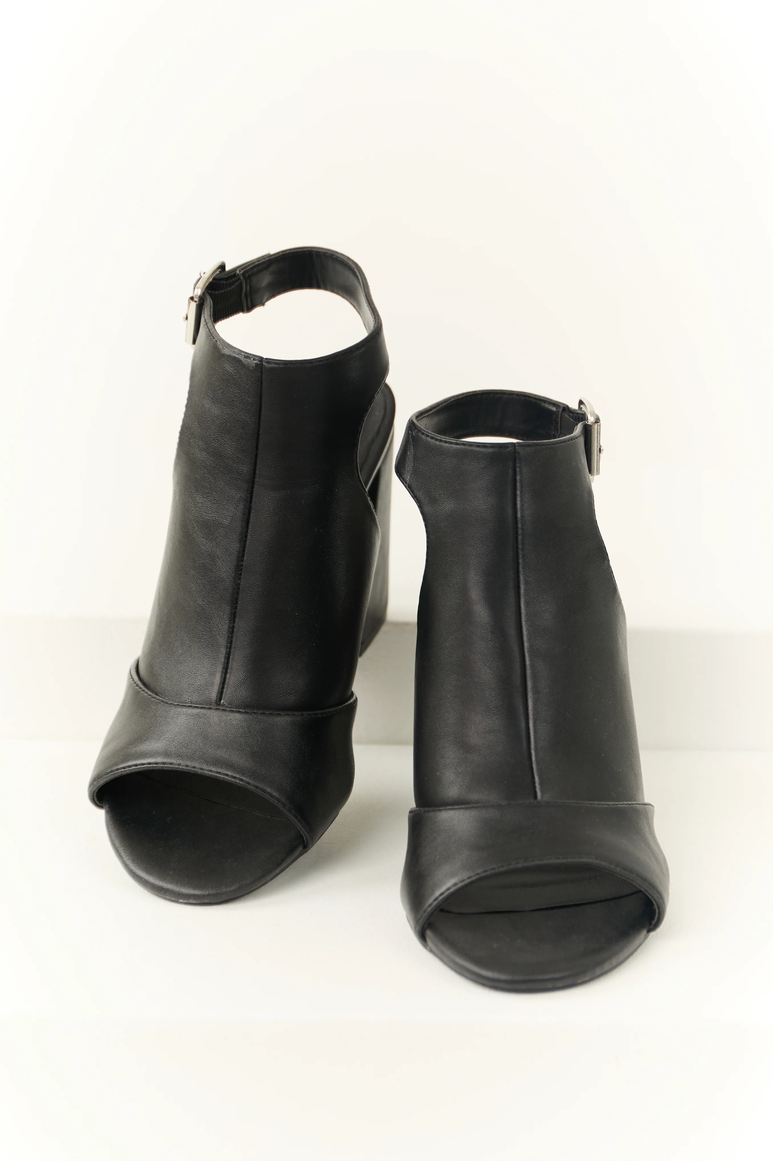 Black Open Toe Strap Chunky Heels - LD SALE